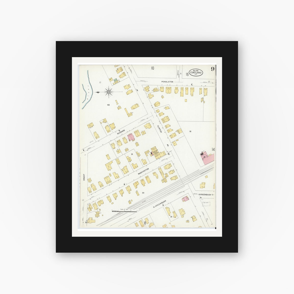 Old map wall art mockup — black gallery frame with white mat — Sanborn Fire Insurance Map from Cortland, Cortland County, New York (1908), Sheet #0009