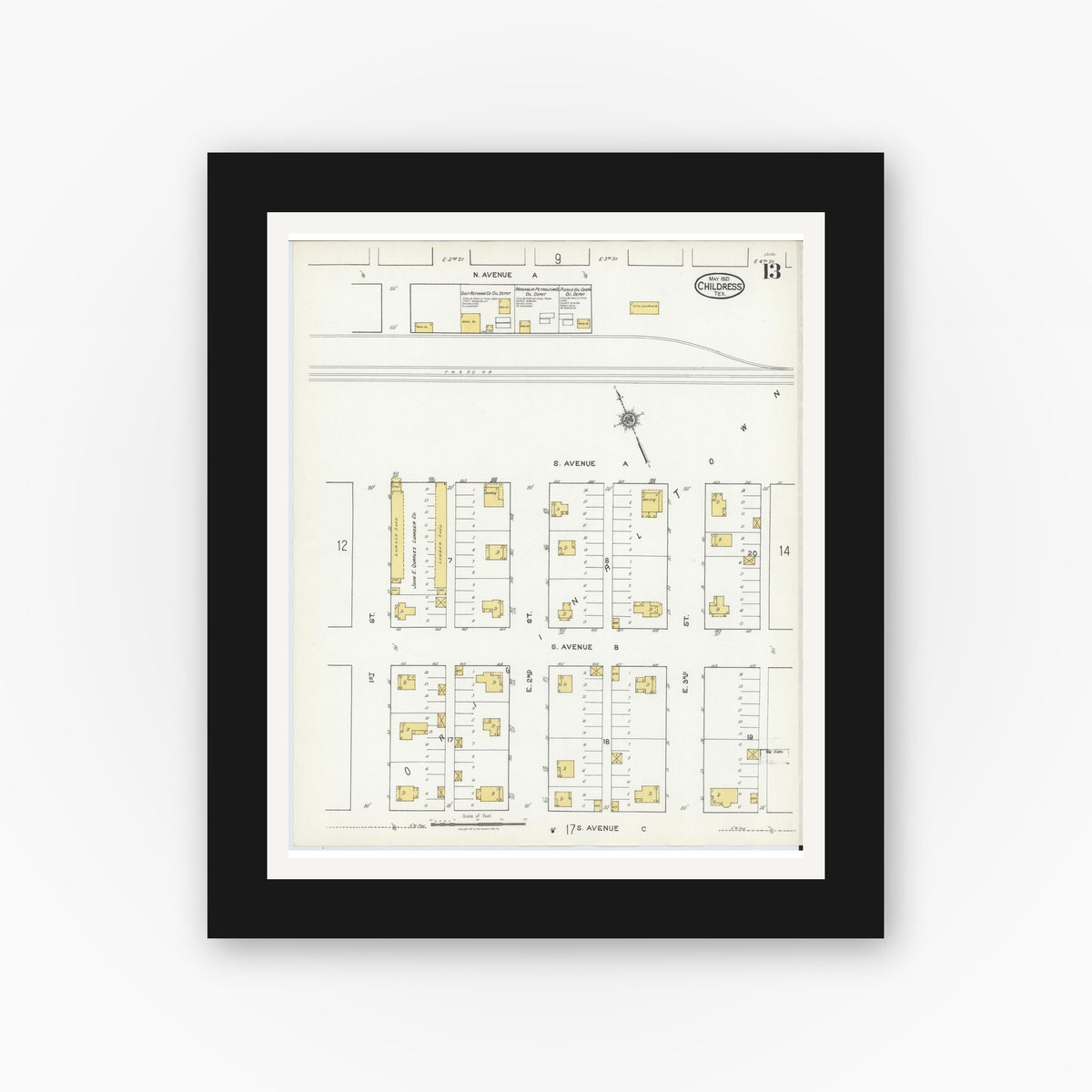 Old map wall art mockup — black gallery frame with white mat — Sanborn Fire Insurance Map from Childress, Childress County, Texas (1921), Sheet #0013