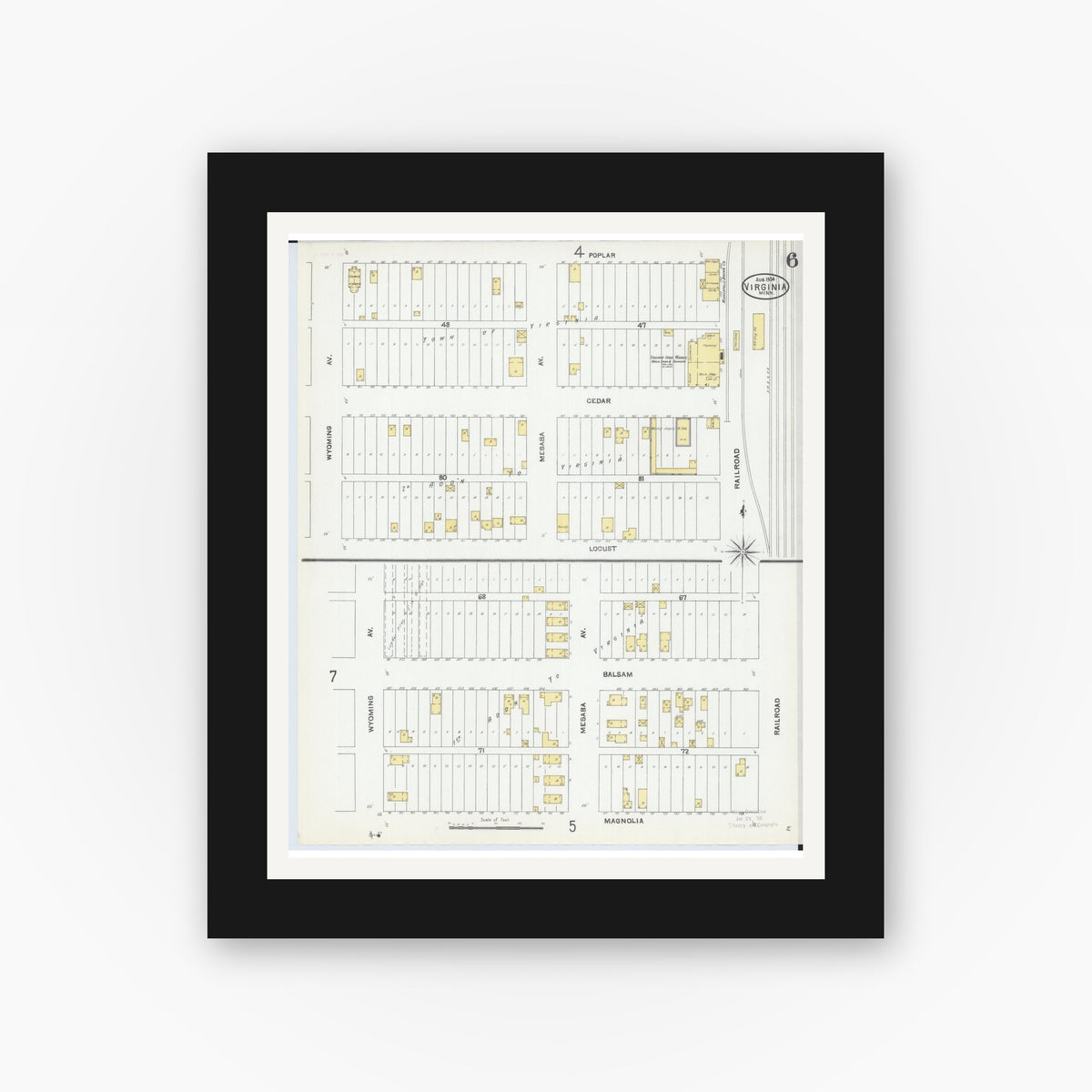 Old map wall art mockup — black gallery frame with white mat — Sanborn Fire Insurance Map from Virginia, Saint Louis County, Minnesota (1904), Sheet #0006
