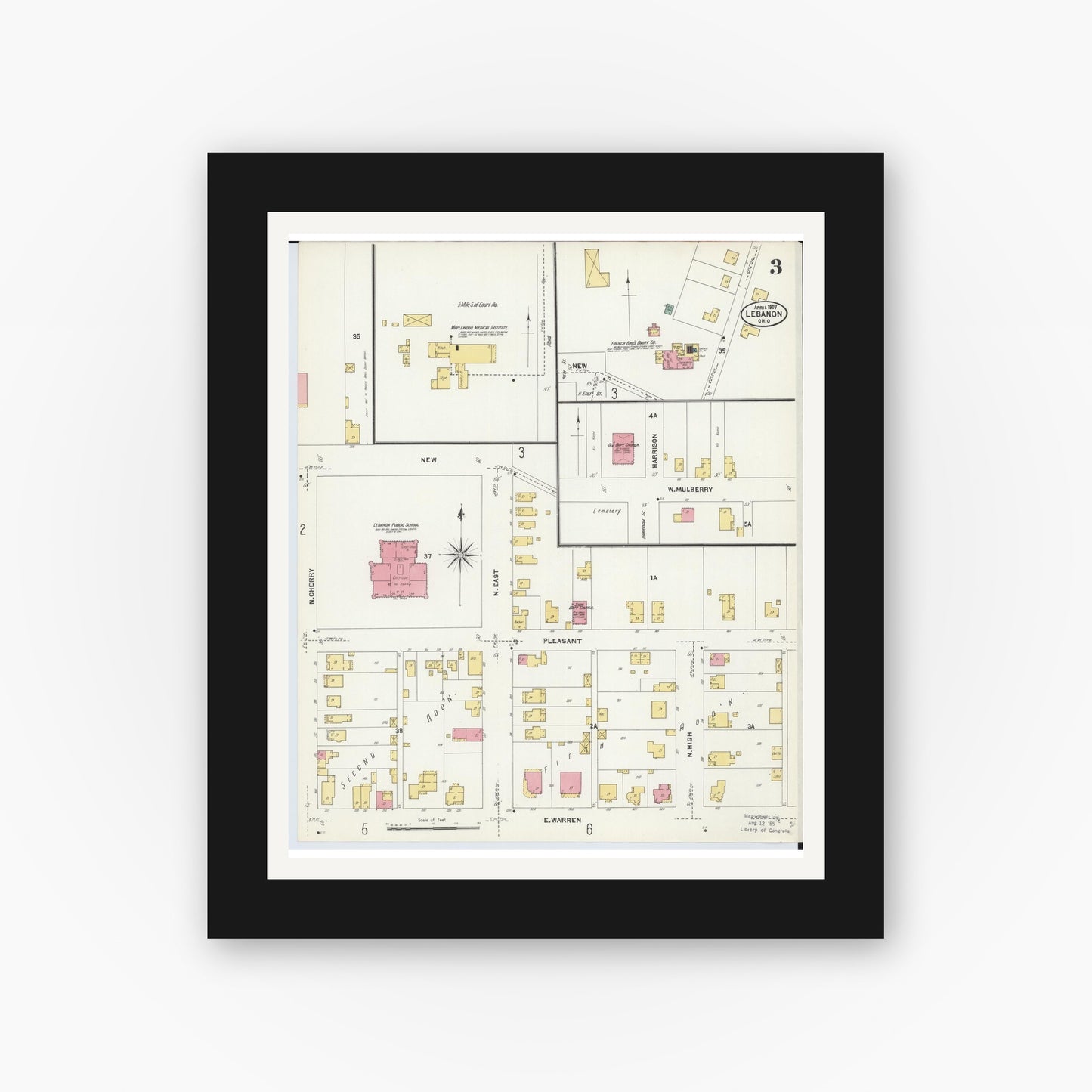 Old map wall art mockup — black gallery frame with white mat — Sanborn Fire Insurance Map from Lebanon, Warren County, Ohio (1907), Sheet #0003