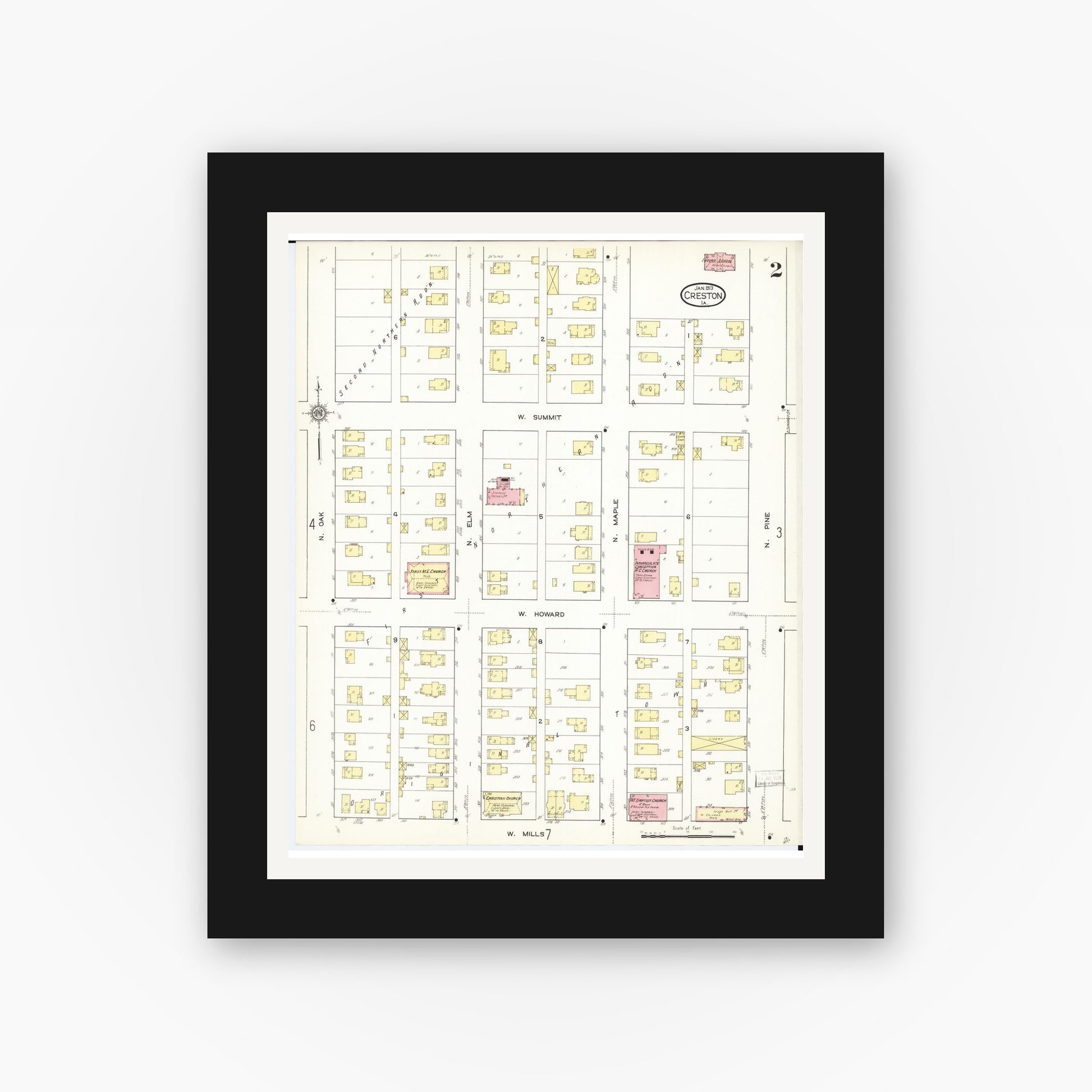 Old map wall art mockup — black gallery frame with white mat — Sanborn Fire Insurance Map from Creston, Union County, Iowa (1913), Sheet #0002