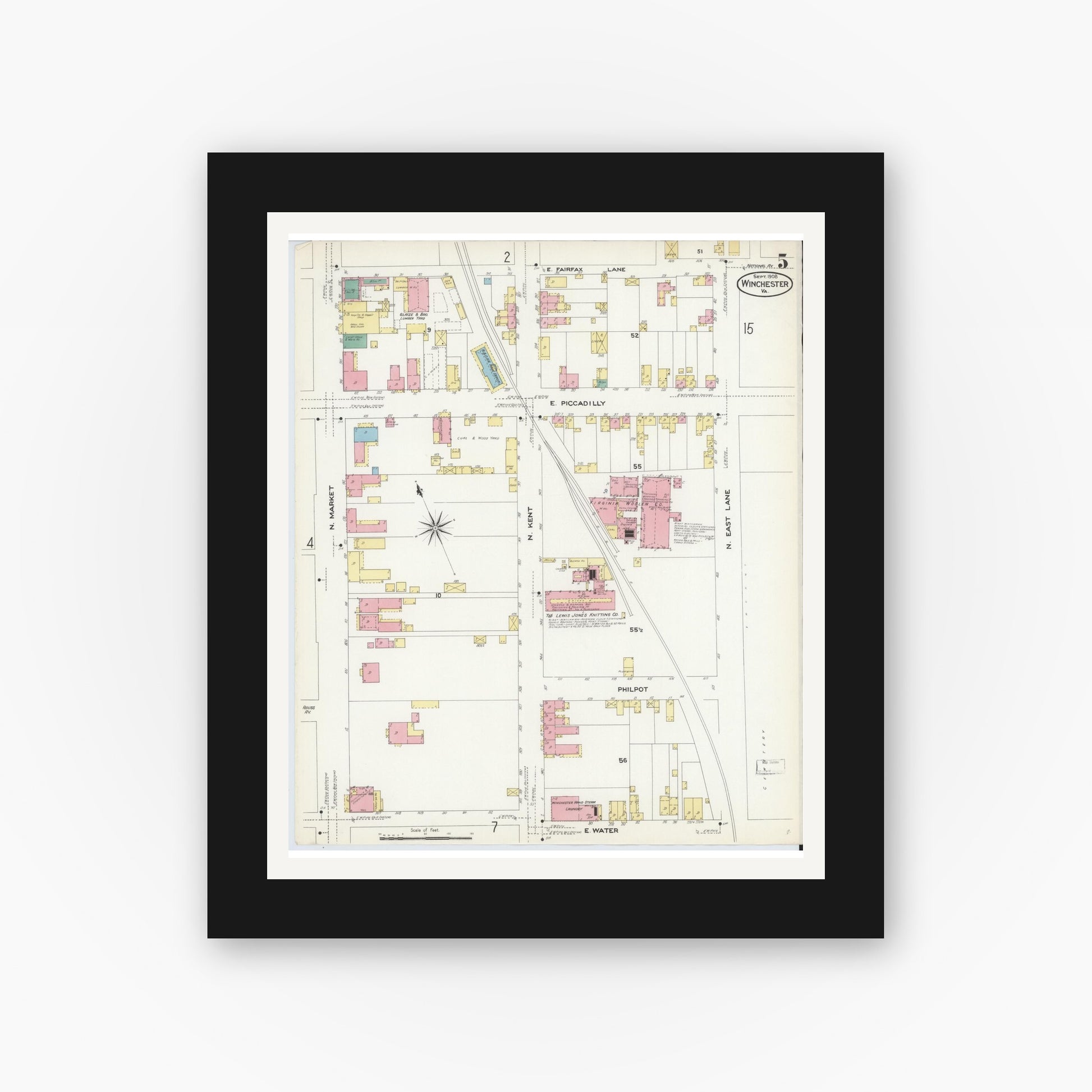 Old map wall art mockup — black gallery frame with white mat — Sanborn Fire Insurance Map from Winchester, Independent Cities, Virginia (1908), Sheet #0005