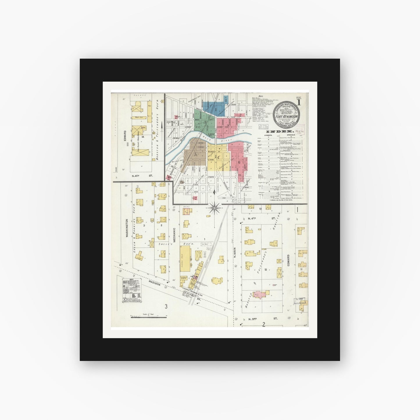 Old map wall art mockup — black gallery frame with white mat — Sanborn Fire Insurance Map from Fort Atkinson, Jefferson County, Wisconsin (1904) - Complete Map Set