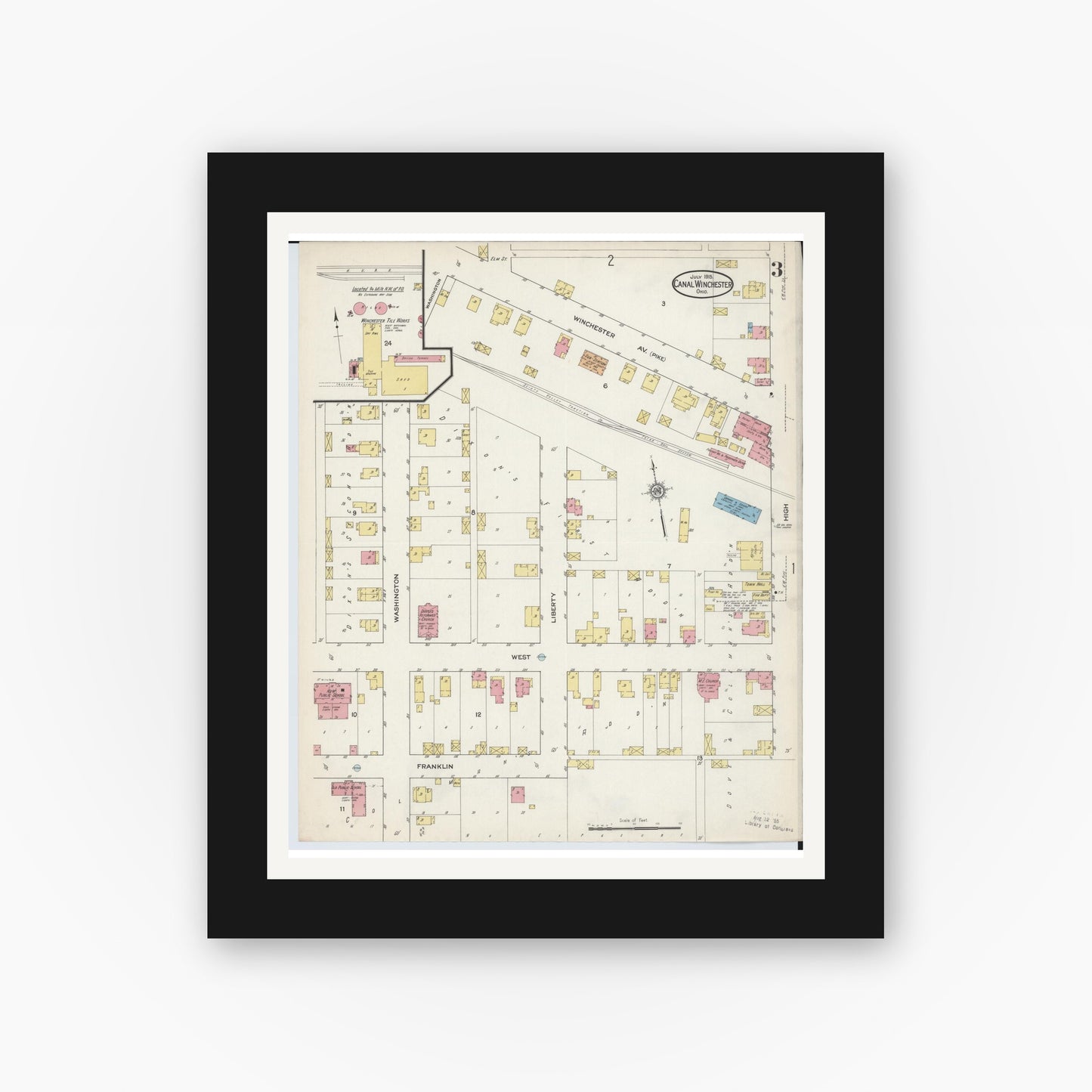 Old map wall art mockup — black gallery frame with white mat — Sanborn Fire Insurance Map from Canal Winchester, Franklin County, Ohio (1915), Sheet #0003