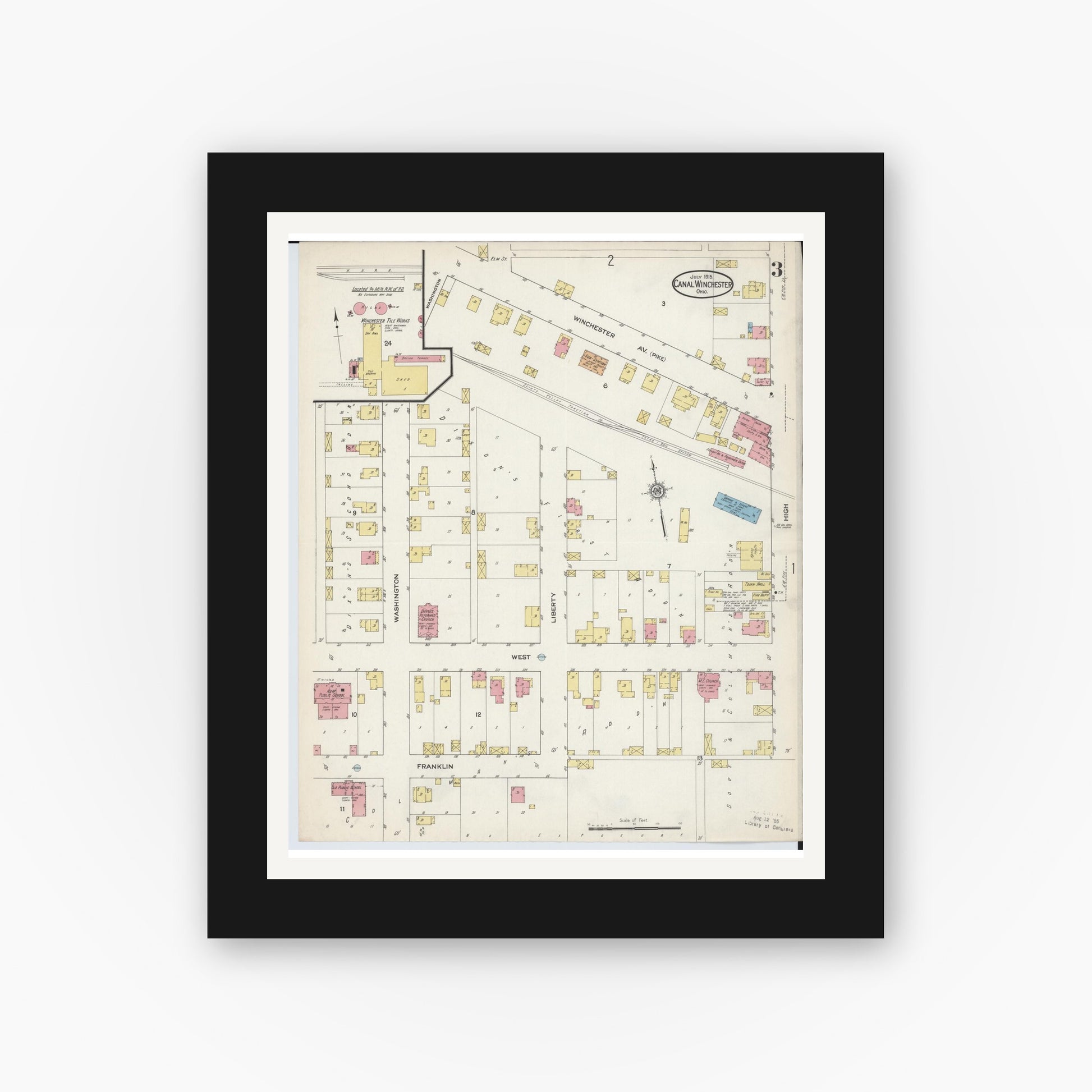 Old map wall art mockup — black gallery frame with white mat — Sanborn Fire Insurance Map from Canal Winchester, Franklin County, Ohio (1915), Sheet #0003