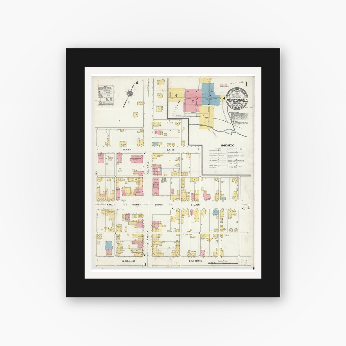 Old map wall art mockup — black gallery frame with white mat — Sanborn Fire Insurance Map from New Bloomfield, Perry County, Pennsylvania (1911), Sheet #0001