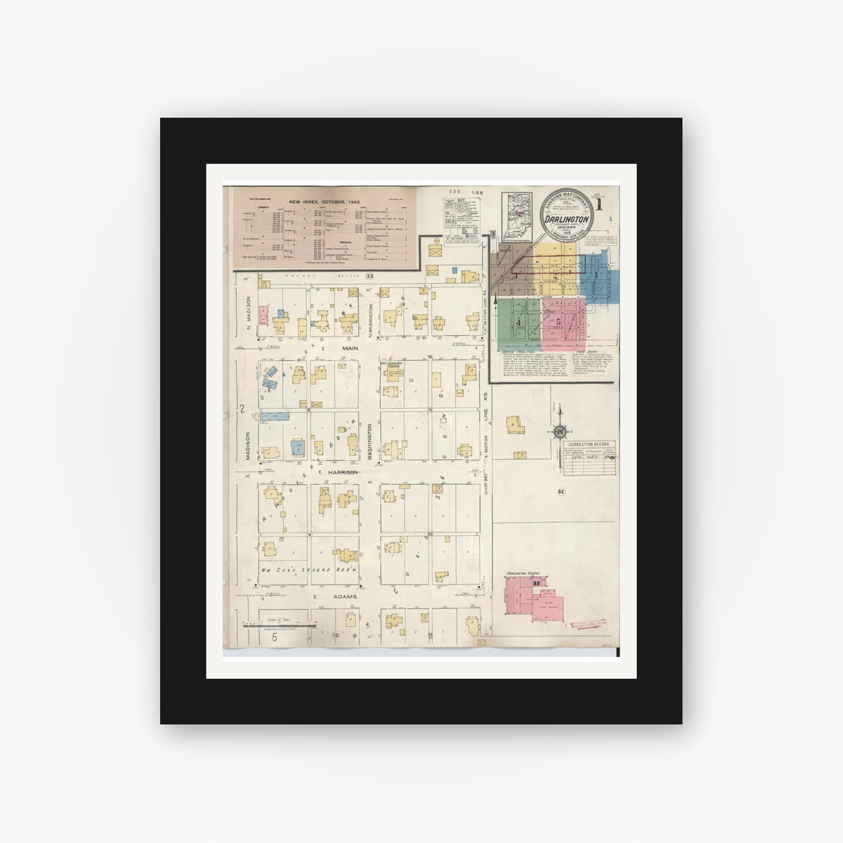 Old map wall art mockup — black gallery frame with white mat — Sanborn Fire Insurance Map from Darlington, Montgomery County, Indiana (1942), Sheet #0001