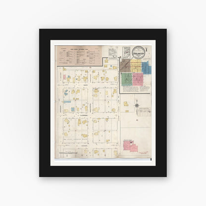 Old map wall art mockup — black gallery frame with white mat — Sanborn Fire Insurance Map from Darlington, Montgomery County, Indiana (1942), Sheet #0001