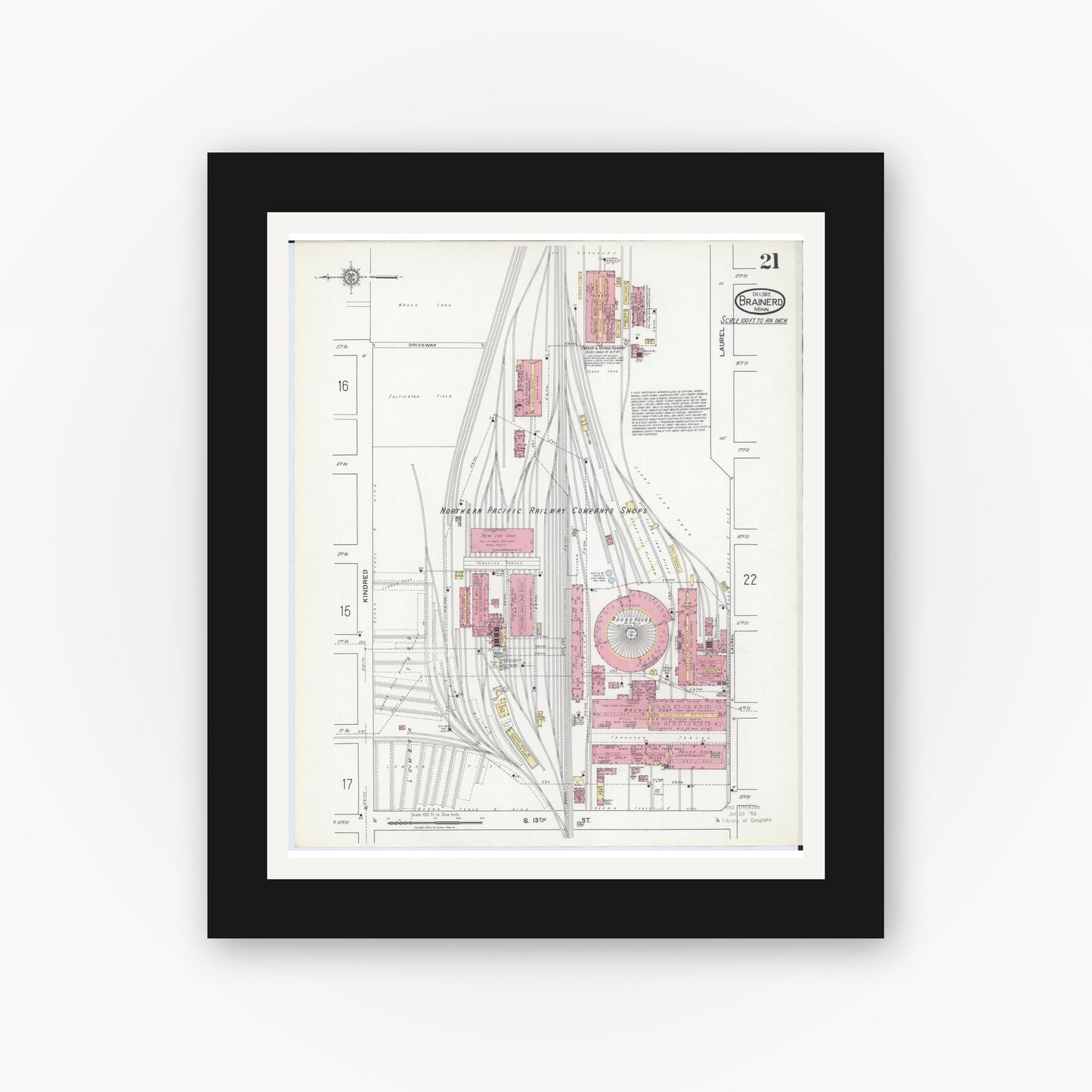 Old map wall art mockup — black gallery frame with white mat — Sanborn Fire Insurance Map from Brainerd, Crow Wing County, Minnesota (1917), Sheet #0021