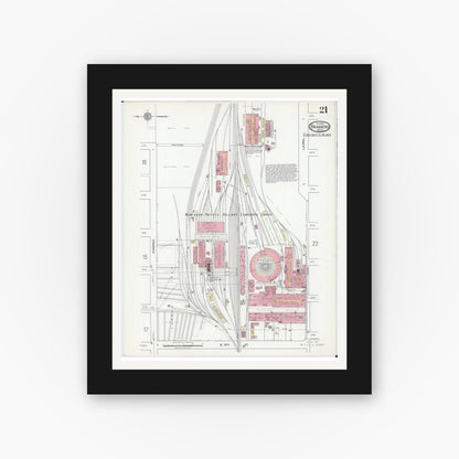 Old map wall art mockup — black gallery frame with white mat — Sanborn Fire Insurance Map from Brainerd, Crow Wing County, Minnesota (1917), Sheet #0021