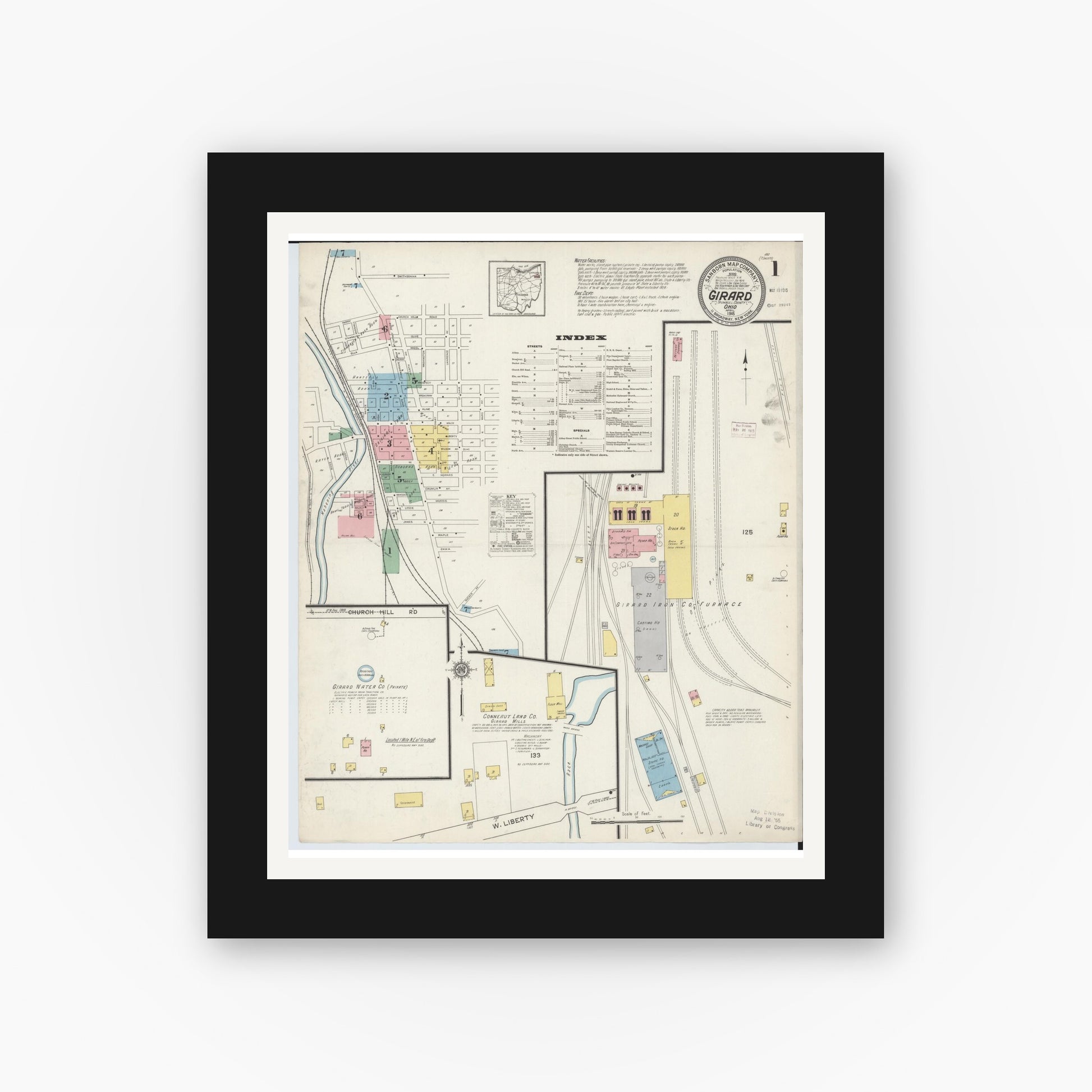 Old map wall art mockup — black gallery frame with white mat — Sanborn Fire Insurance Map from Girard, Trumbull County, Ohio (1915) - Complete Map Set