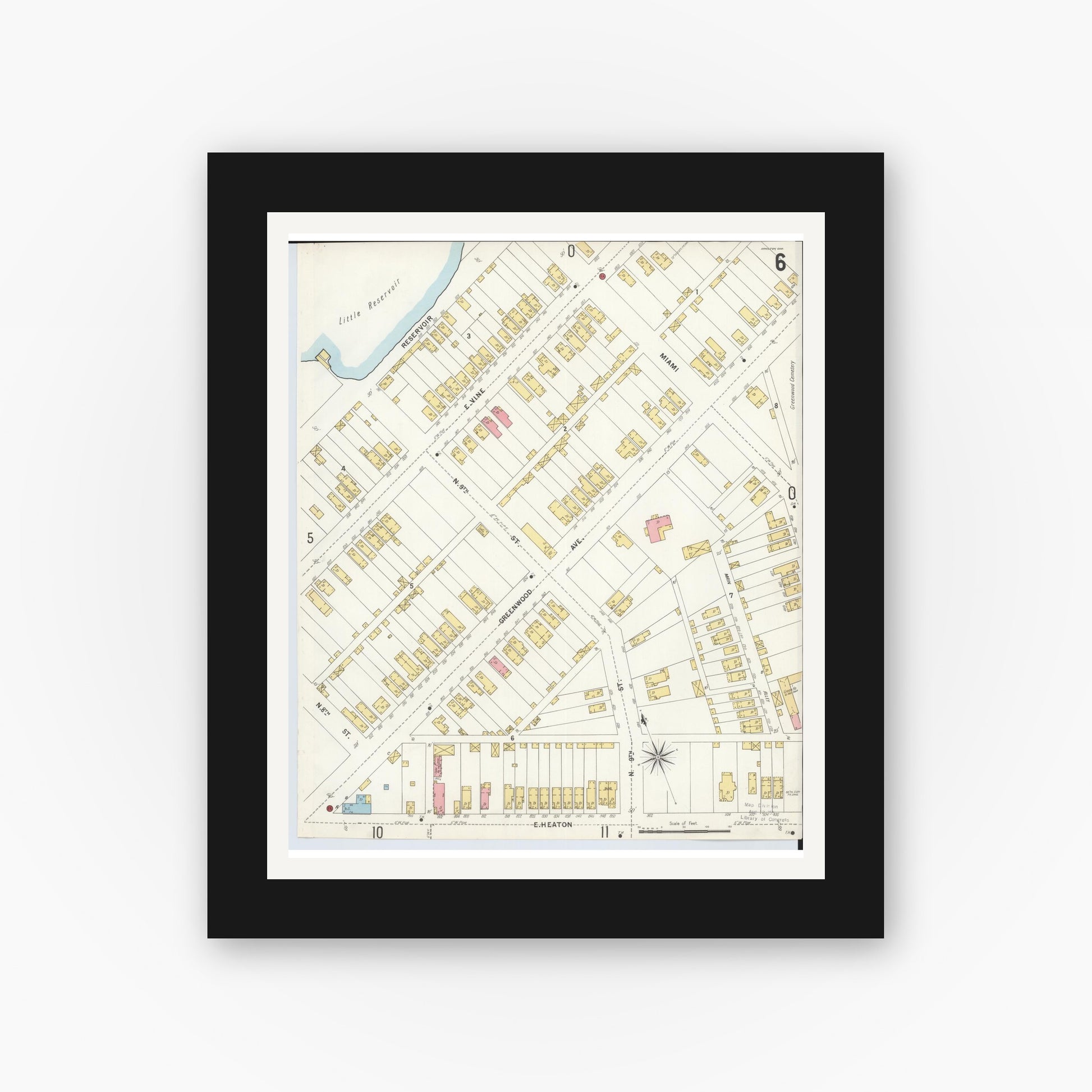 Old map wall art mockup — black gallery frame with white mat — Sanborn Fire Insurance Map from Hamilton, Butler County, Ohio (1899), Sheet #0006