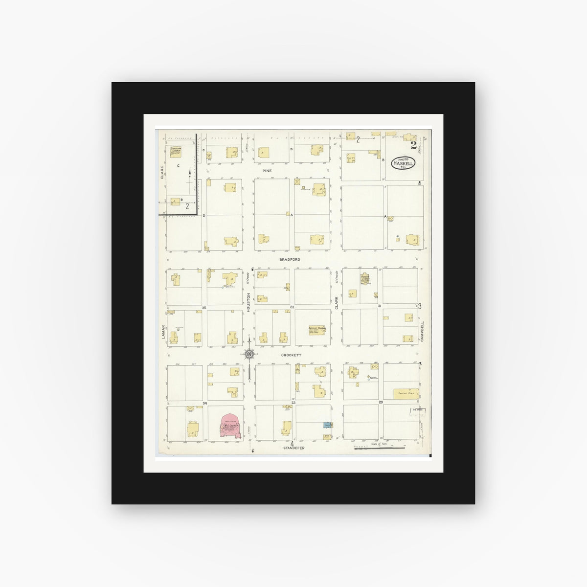 Old map wall art mockup — black gallery frame with white mat — Sanborn Fire Insurance Map from Haskell, Haskell County, Texas (1913), Sheet #0002
