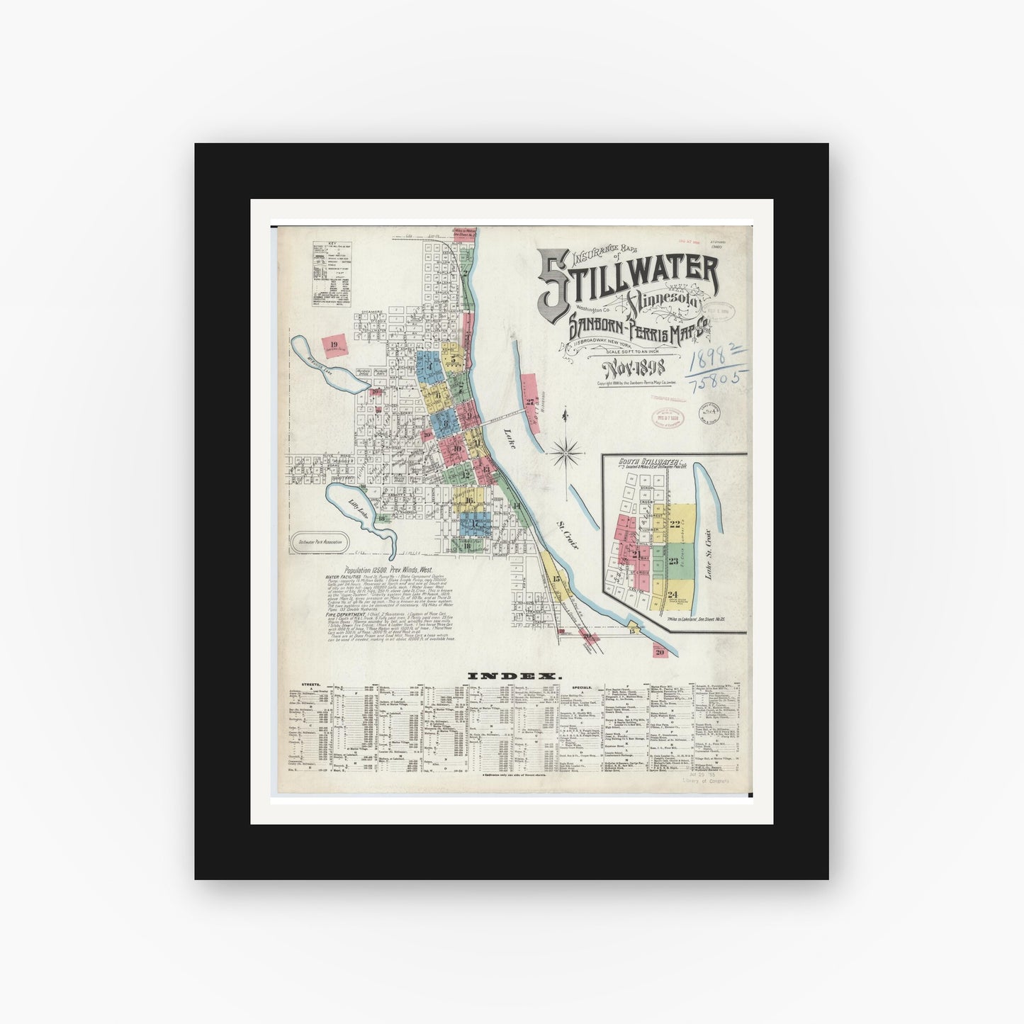 Old map wall art mockup — black gallery frame with white mat — Sanborn Fire Insurance Map from Stillwater, Washington County, Minnesota (1898) - Complete Map Set