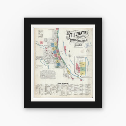 Old map wall art mockup — black gallery frame with white mat — Sanborn Fire Insurance Map from Stillwater, Washington County, Minnesota (1898) - Complete Map Set
