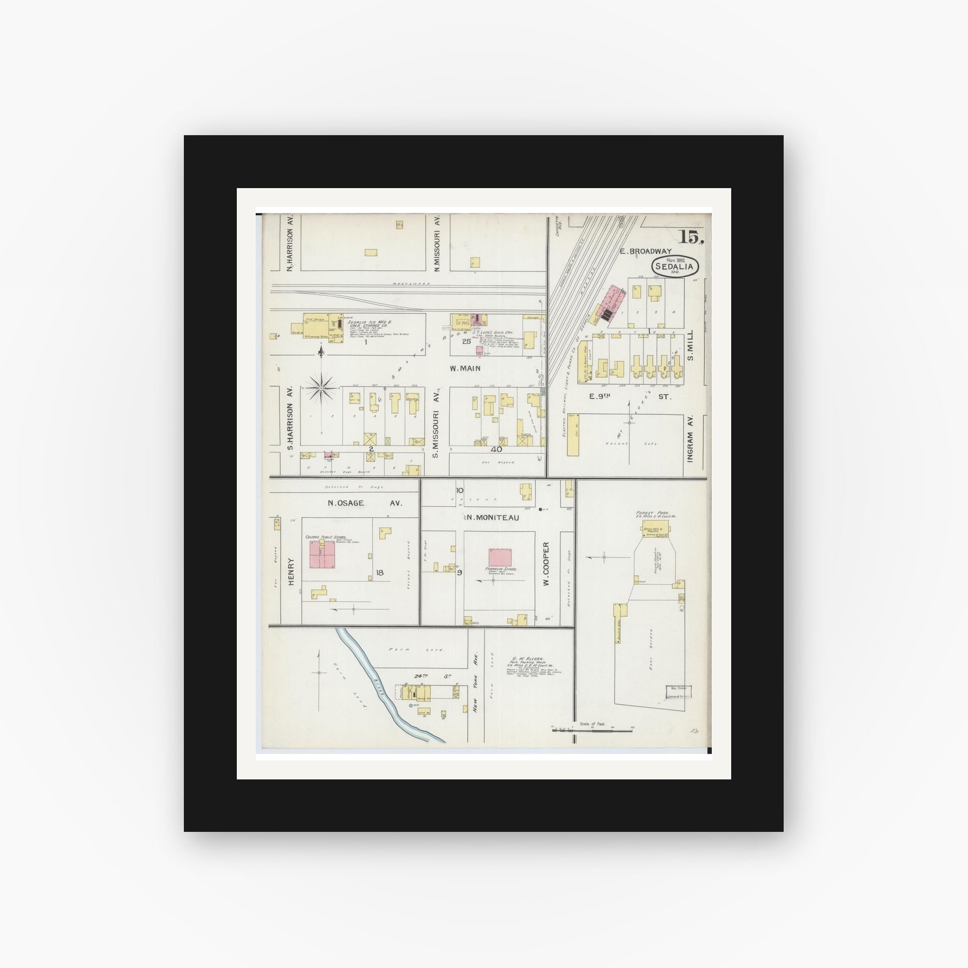 Old map wall art mockup — black gallery frame with white mat — Sanborn Fire Insurance Map from Sedalia, Pettis County, Missouri (1892), Sheet #0015