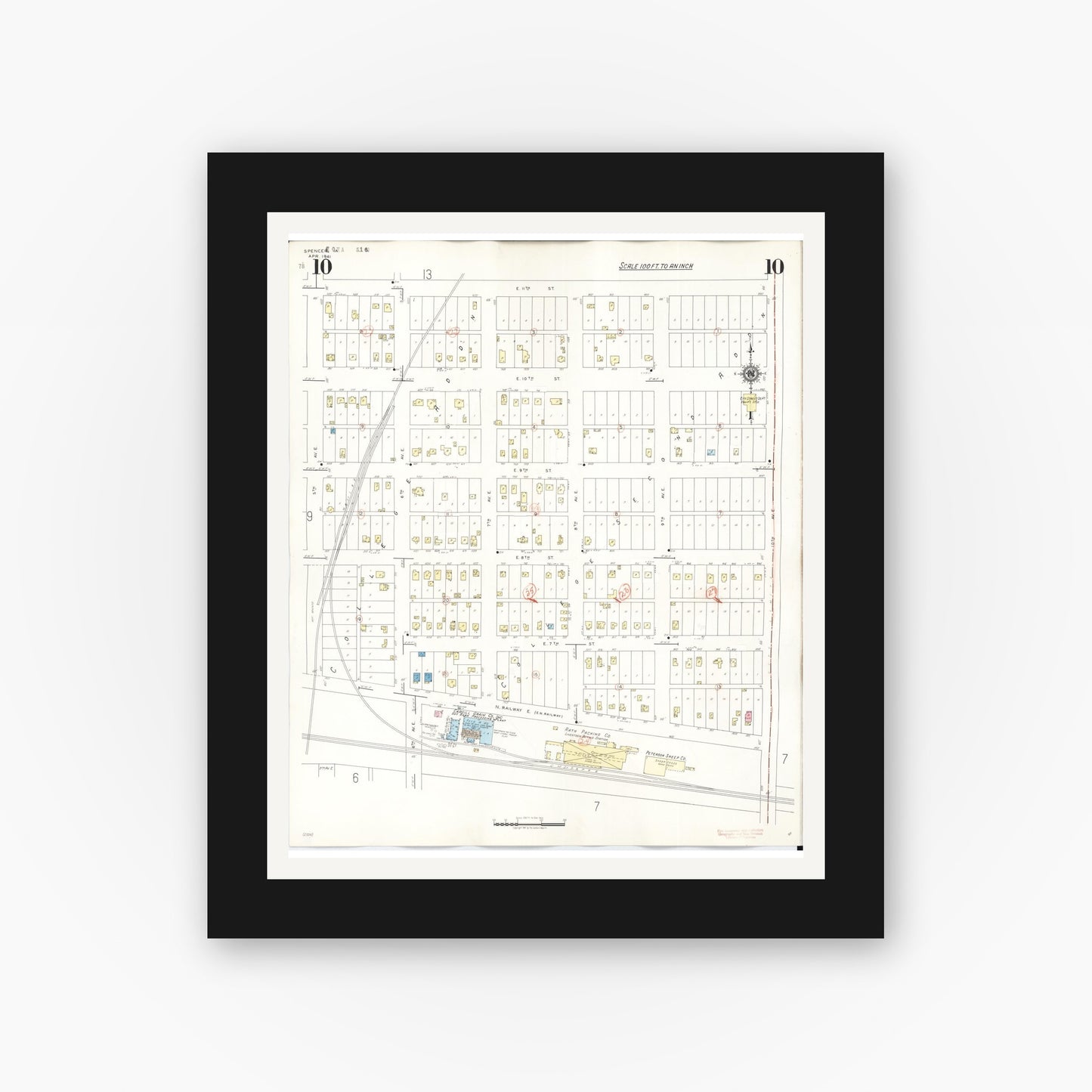 Old map wall art mockup — black gallery frame with white mat — Sanborn Fire Insurance Map from Spencer, Clay County, Iowa (1946), Sheet #0010