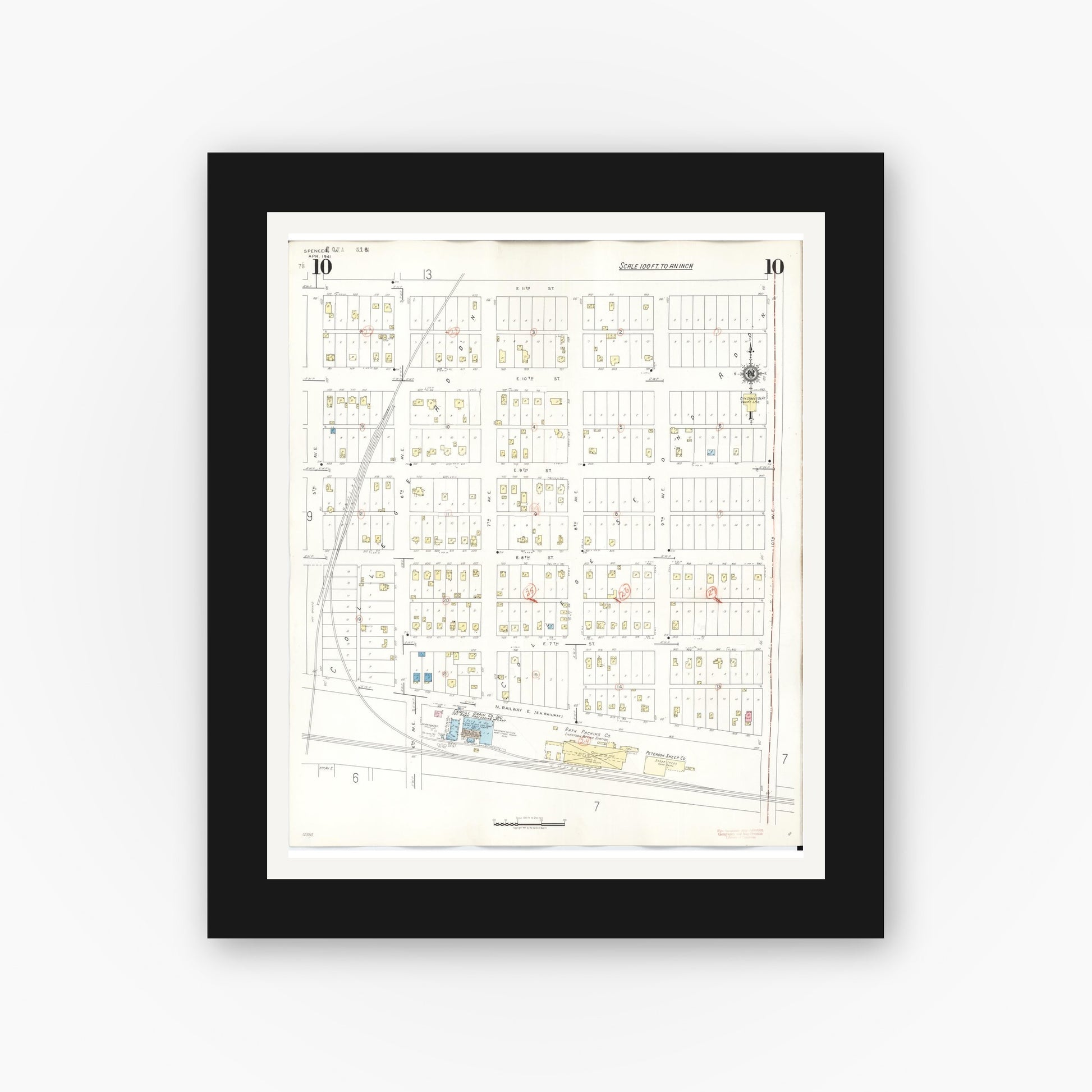 Old map wall art mockup — black gallery frame with white mat — Sanborn Fire Insurance Map from Spencer, Clay County, Iowa (1946), Sheet #0010