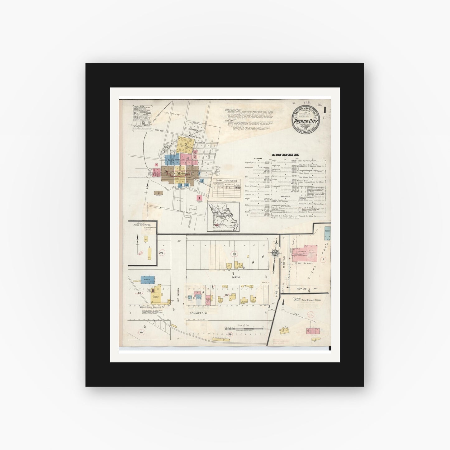 Old map wall art mockup — black gallery frame with white mat — Sanborn Fire Insurance Map from Pierce City, Lawrence County, Missouri (1936) - Complete Map Set