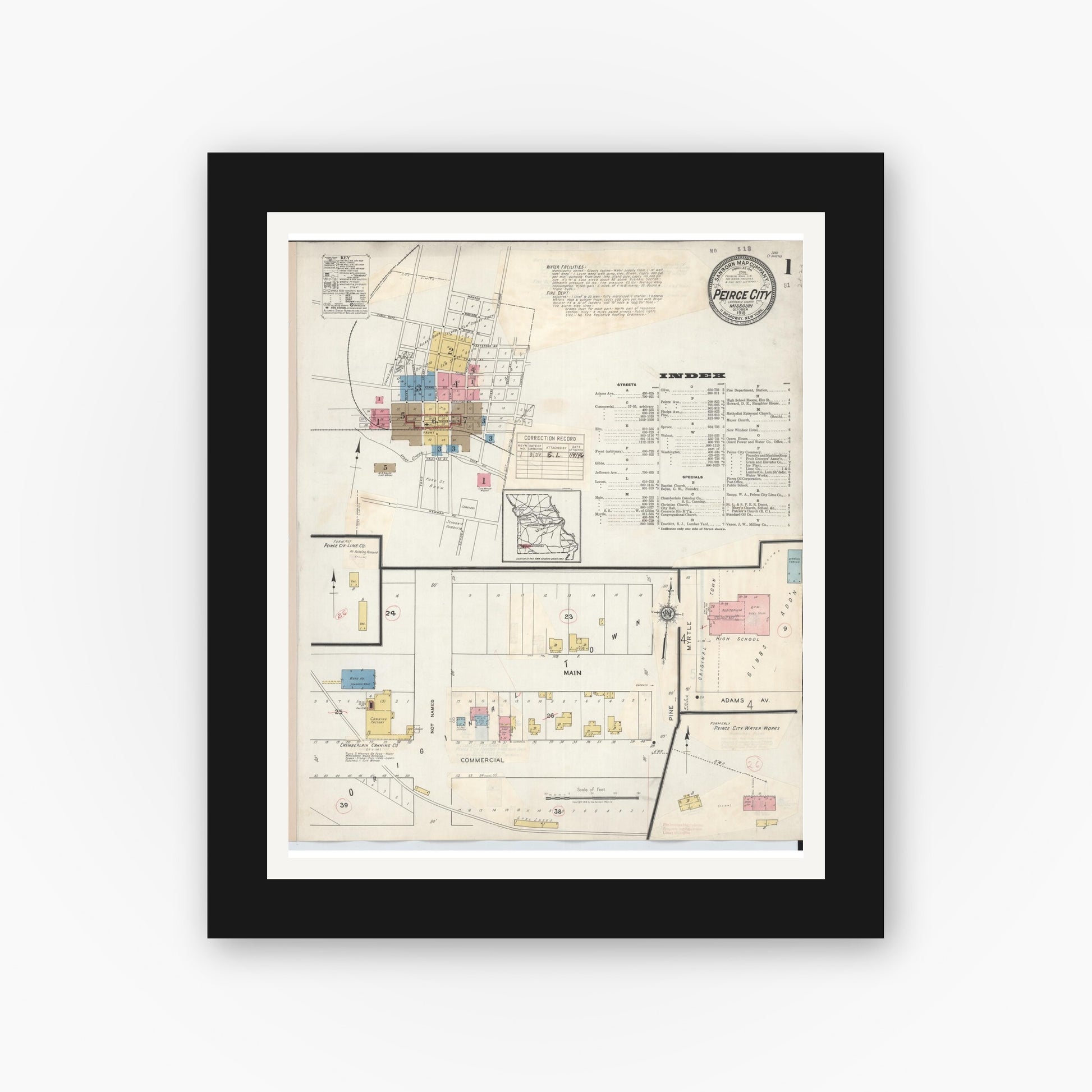 Old map wall art mockup — black gallery frame with white mat — Sanborn Fire Insurance Map from Pierce City, Lawrence County, Missouri (1936) - Complete Map Set