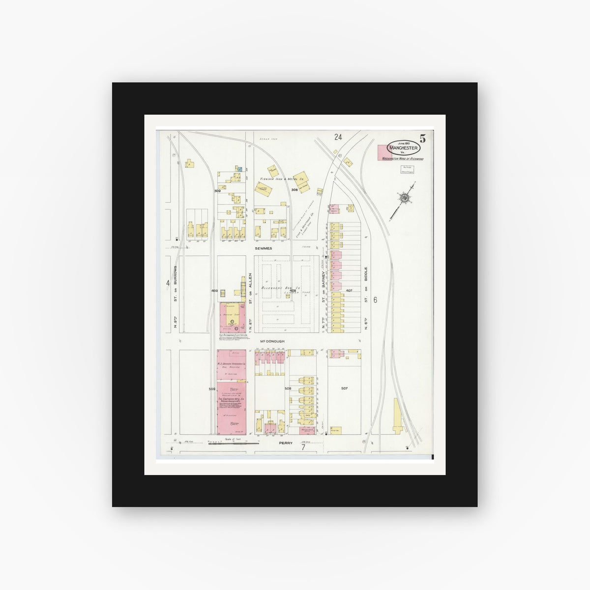 Old map wall art mockup — black gallery frame with white mat — Sanborn Fire Insurance Map from Manchester, Chesterfield County, Virginia (1910), Sheet #0005