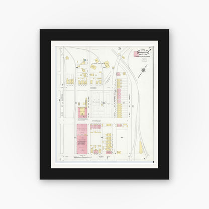 Old map wall art mockup — black gallery frame with white mat — Sanborn Fire Insurance Map from Manchester, Chesterfield County, Virginia (1910), Sheet #0005