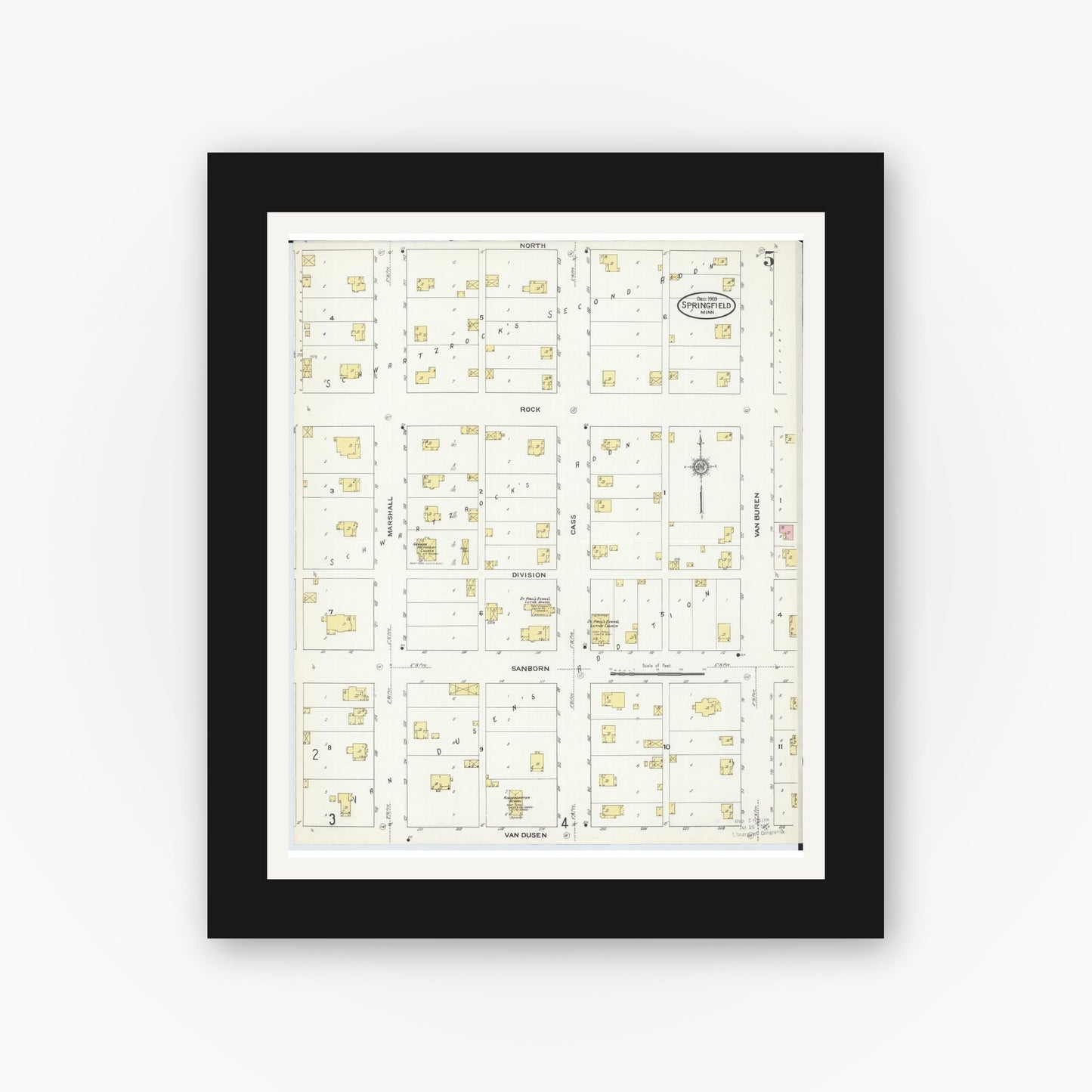 Old map wall art mockup — black gallery frame with white mat — Sanborn Fire Insurance Map from Springfield, Brown County, Minnesota (1909), Sheet #0005