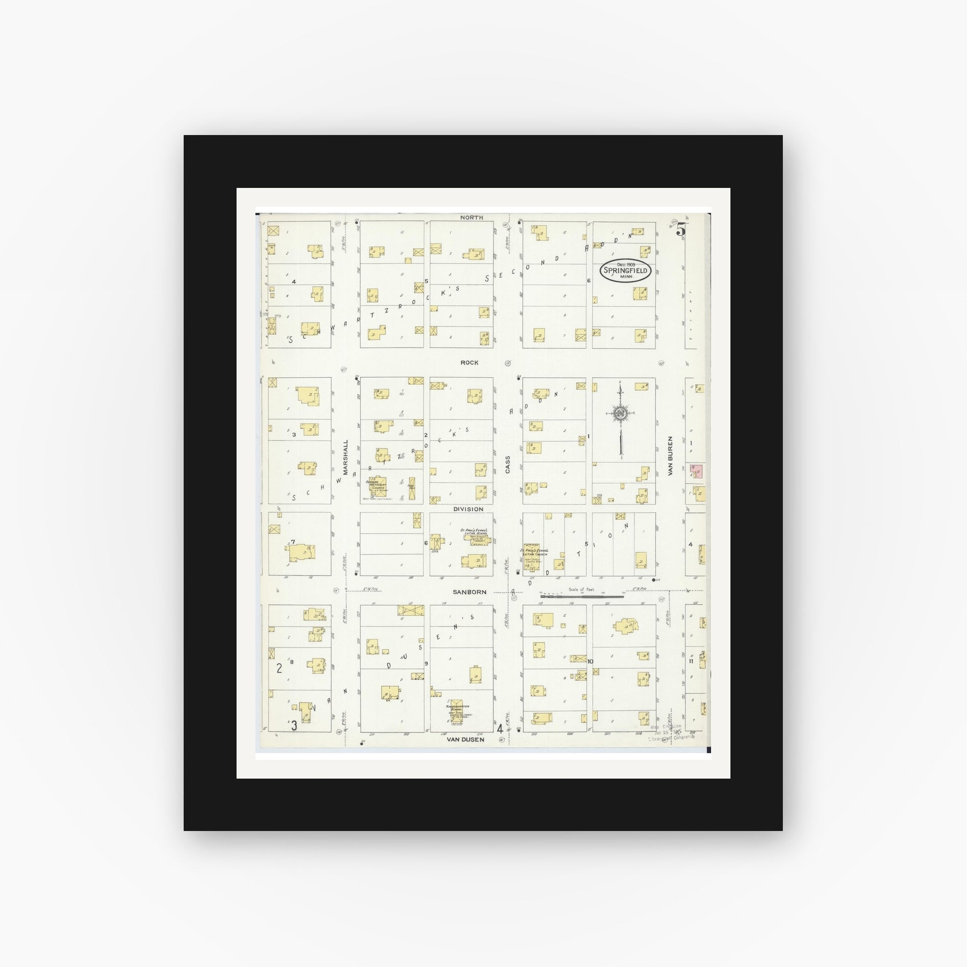 Old map wall art mockup — black gallery frame with white mat — Sanborn Fire Insurance Map from Springfield, Brown County, Minnesota (1909), Sheet #0005