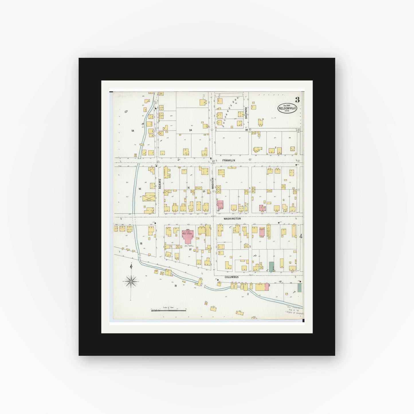 Old map wall art mockup — black gallery frame with white mat — Sanborn Fire Insurance Map from Nelsonville, Athens County, Ohio (1900), Sheet #0003