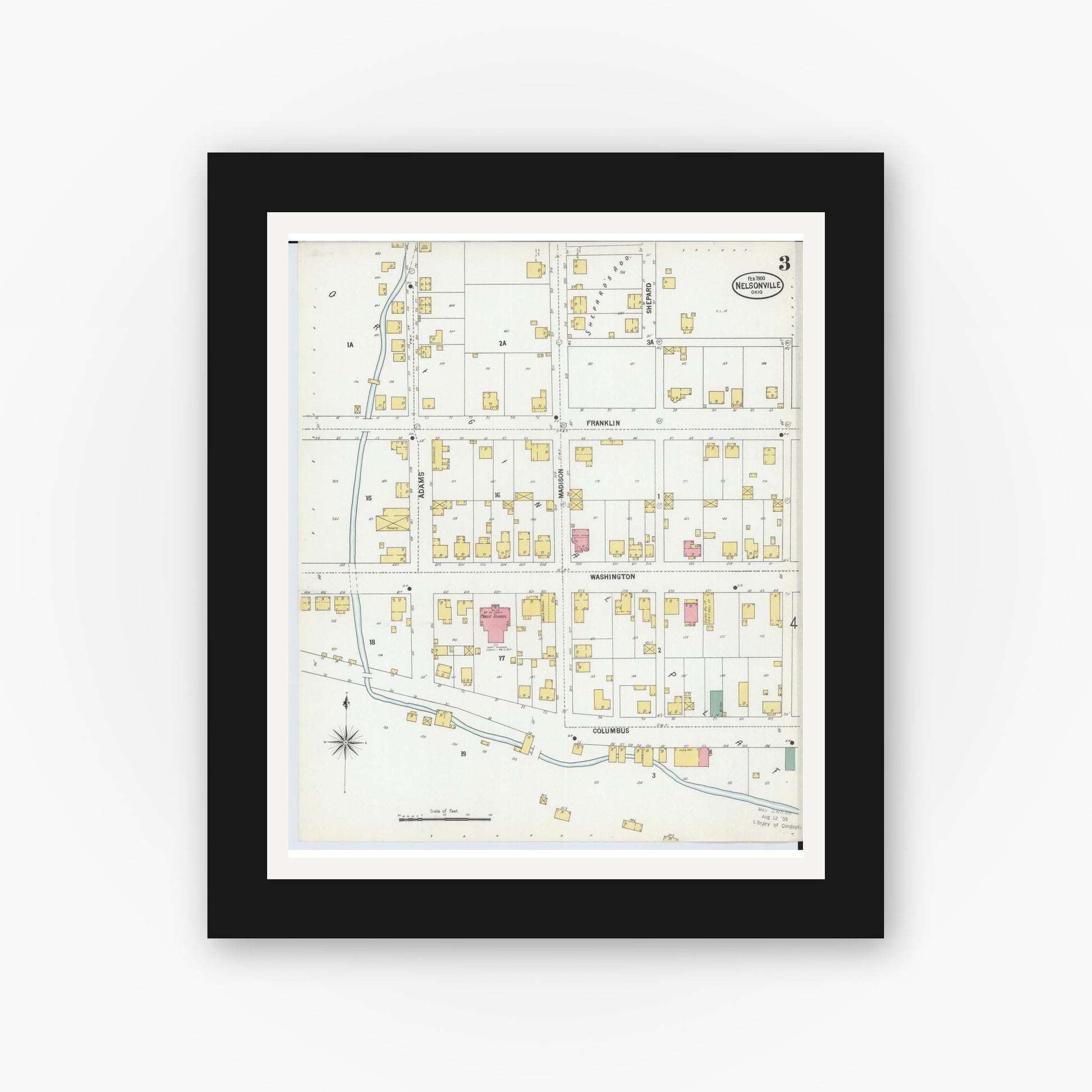 Old map wall art mockup — black gallery frame with white mat — Sanborn Fire Insurance Map from Nelsonville, Athens County, Ohio (1900), Sheet #0003