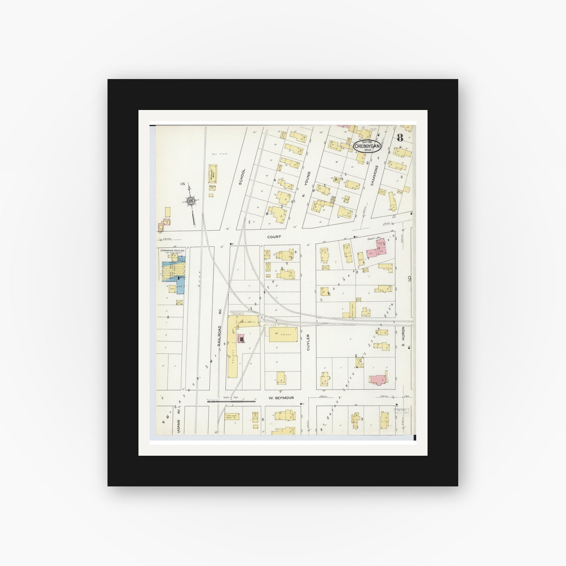 Old map wall art mockup — black gallery frame with white mat — Sanborn Fire Insurance Map from Cheboygan, Cheboygan County, Michigan (1915), Sheet #0008