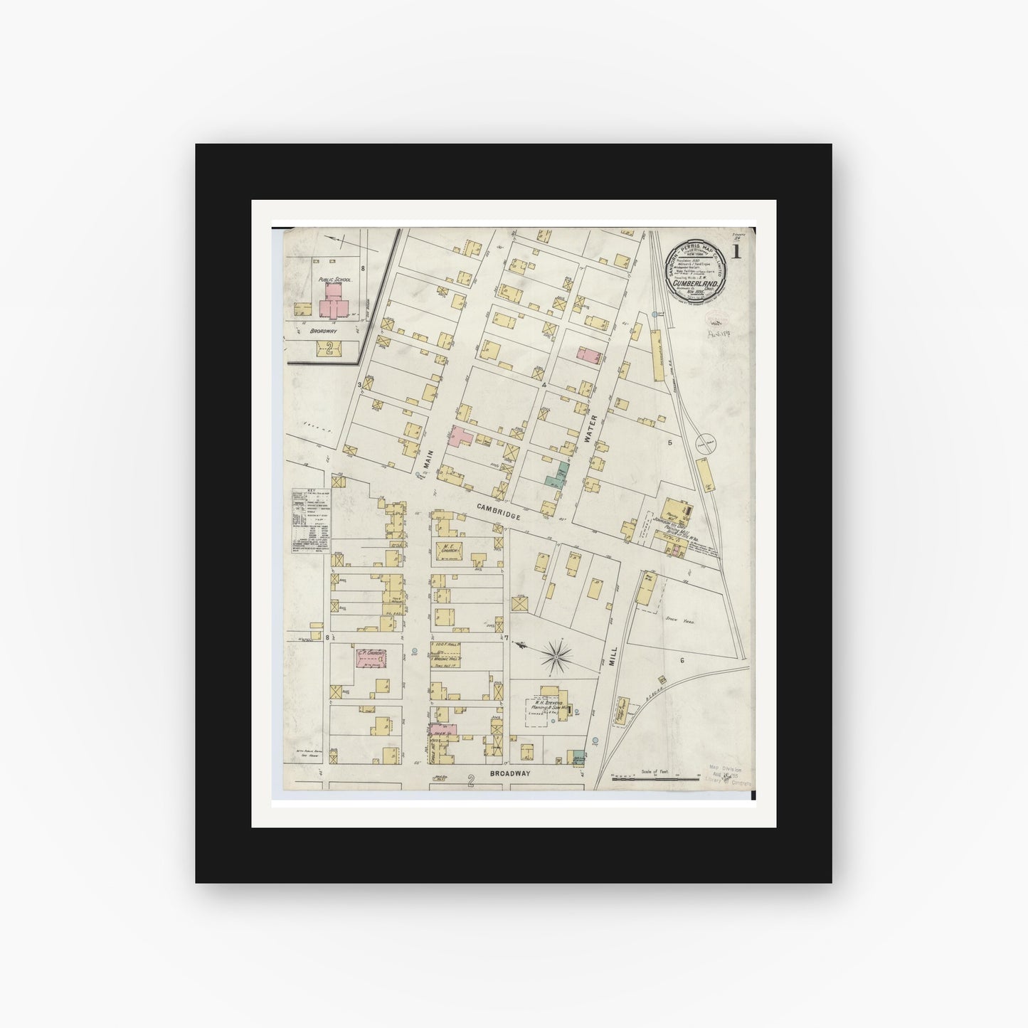 Old map wall art mockup — black gallery frame with white mat — Sanborn Fire Insurance Map from Cumberland, Guernsey County, Ohio (1895) - Complete Map Set