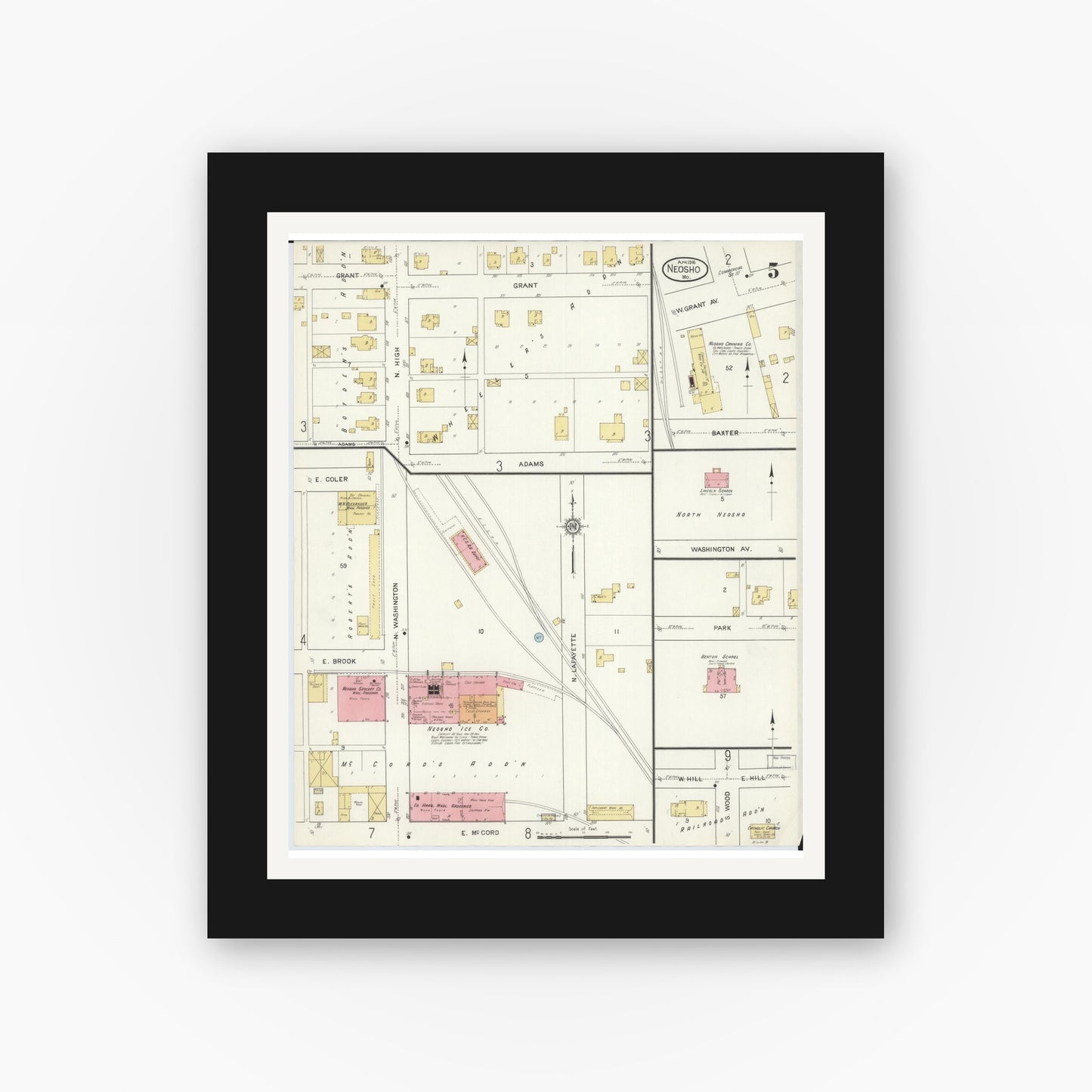 Old map wall art mockup — black gallery frame with white mat — Sanborn Fire Insurance Map from Neosho, Newton County, Missouri (1916), Sheet #0005