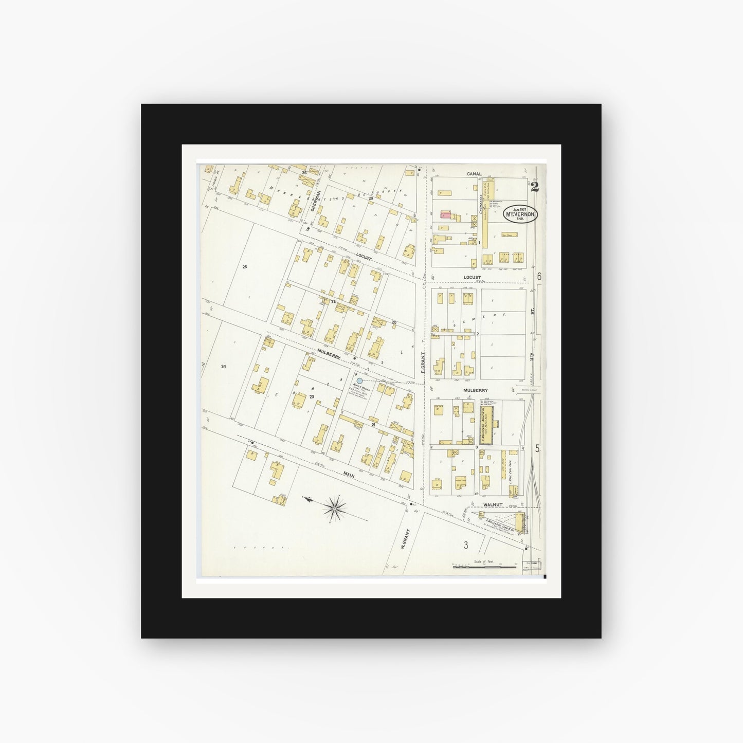 Old map wall art mockup — black gallery frame with white mat — Sanborn Fire Insurance Map from Mount Vernon, Posey County, Indiana (1907), Sheet #0002