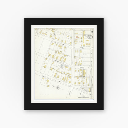 Old map wall art mockup — black gallery frame with white mat — Sanborn Fire Insurance Map from Mount Vernon, Posey County, Indiana (1907), Sheet #0002