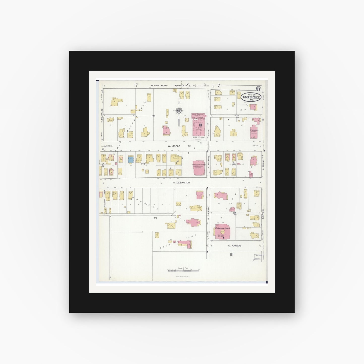 Old map wall art mockup — black gallery frame with white mat — Sanborn Fire Insurance Map from Independence, Jackson County, Missouri (1916), Sheet #0006