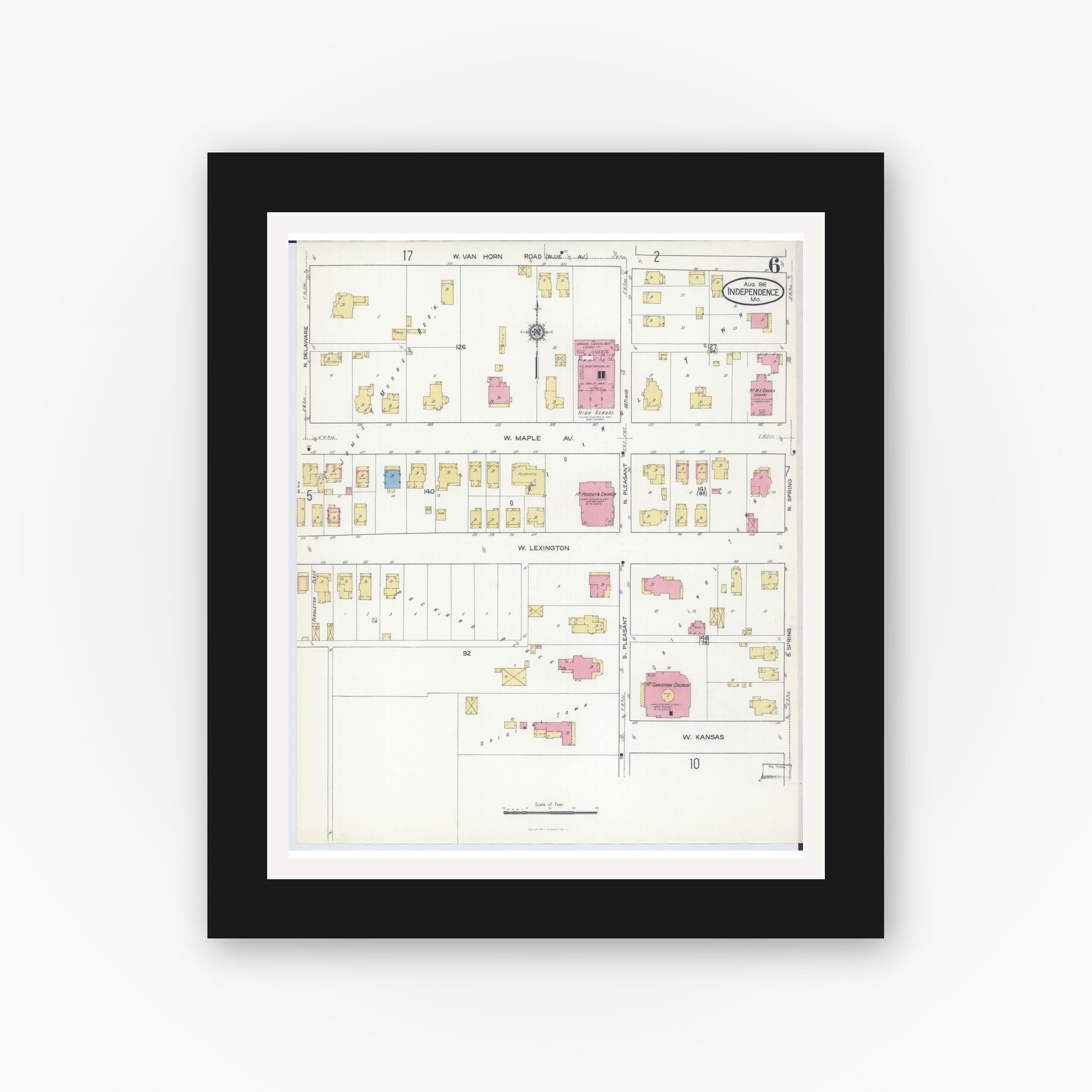 Old map wall art mockup — black gallery frame with white mat — Sanborn Fire Insurance Map from Independence, Jackson County, Missouri (1916), Sheet #0006