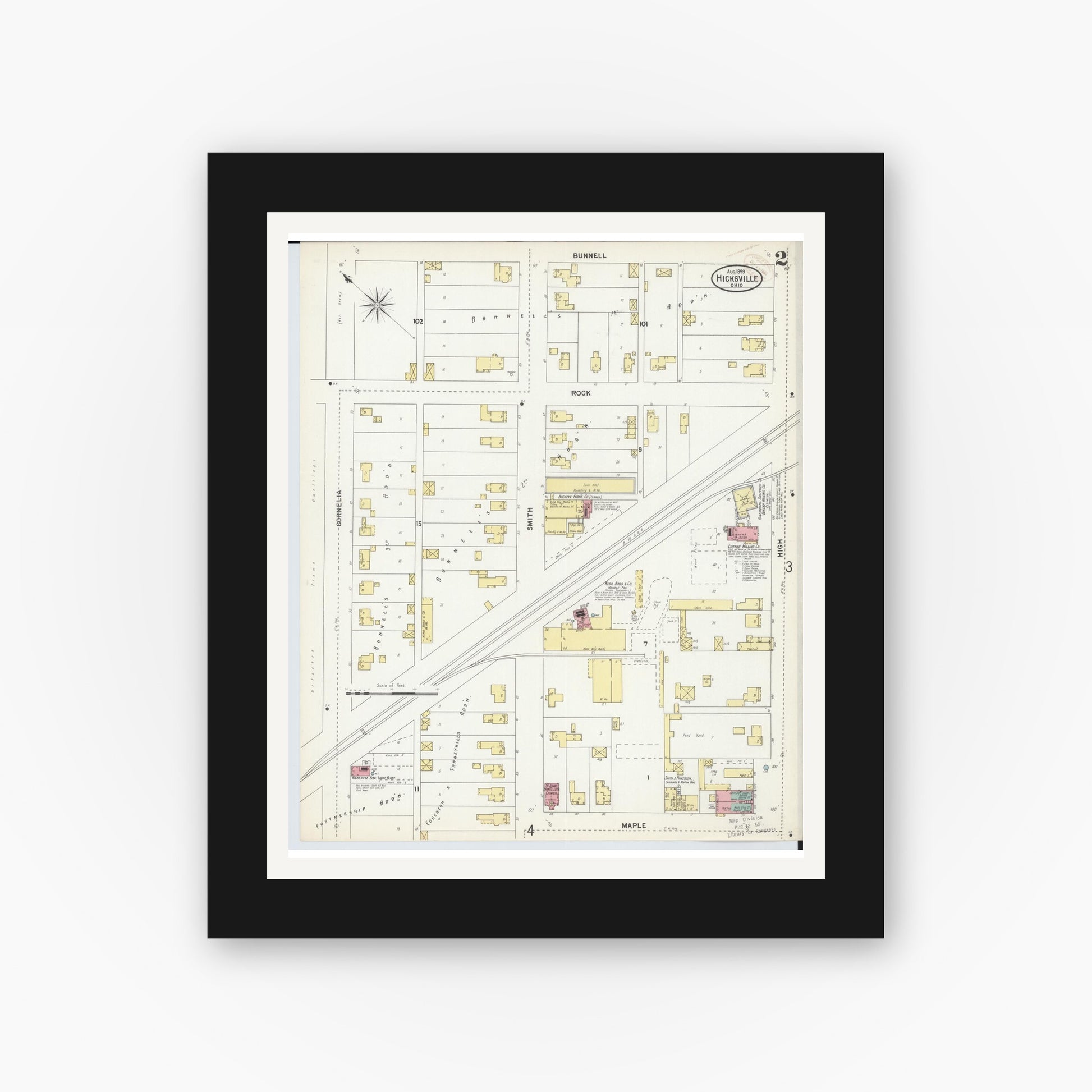 Old map wall art mockup — black gallery frame with white mat — Sanborn Fire Insurance Map from Hicksville, Defiance County, Ohio (1899), Sheet #0002