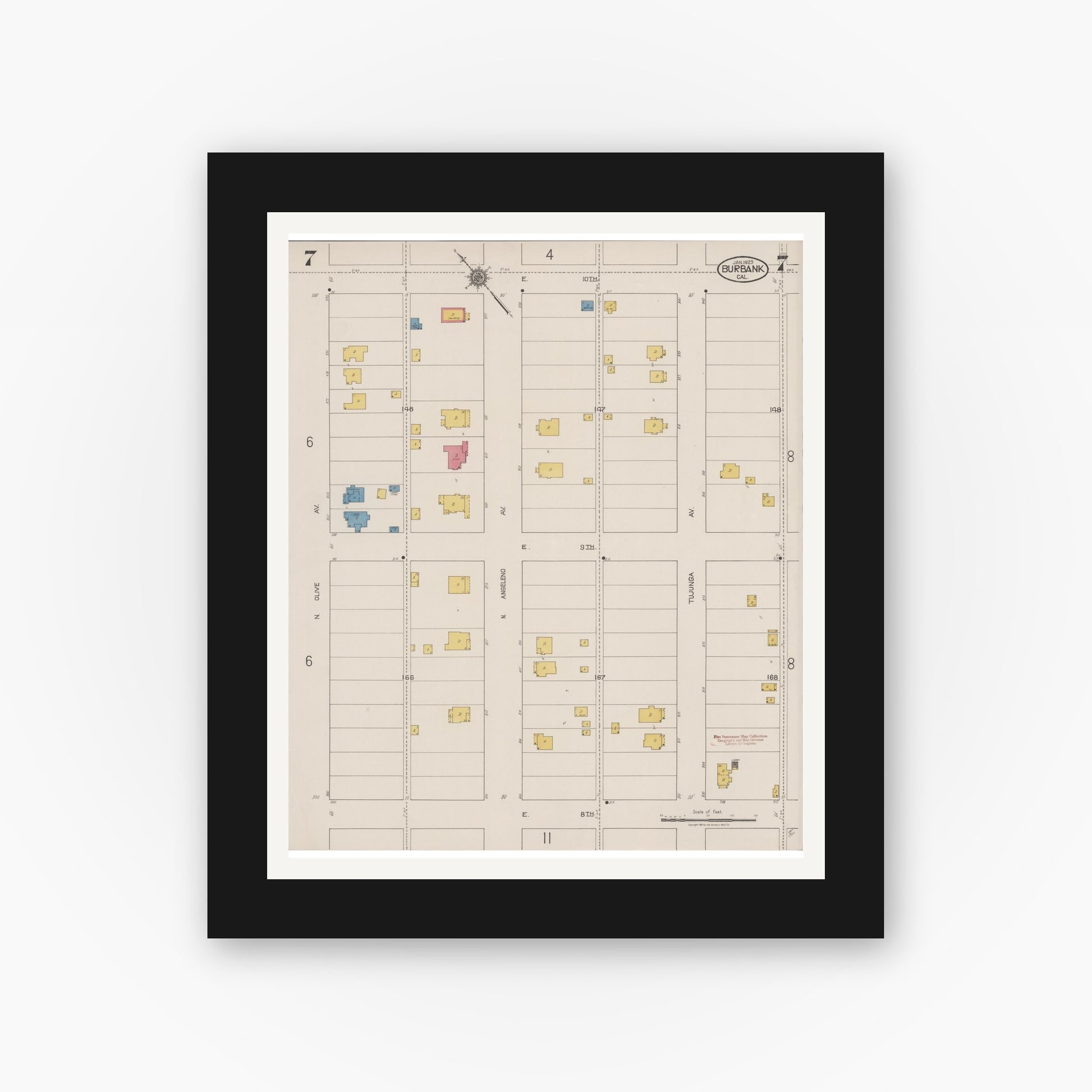 Old map wall art mockup — black gallery frame with white mat — Sanborn Fire Insurance Map from Burbank, Los Angeles County, California (1923), Sheet #0007