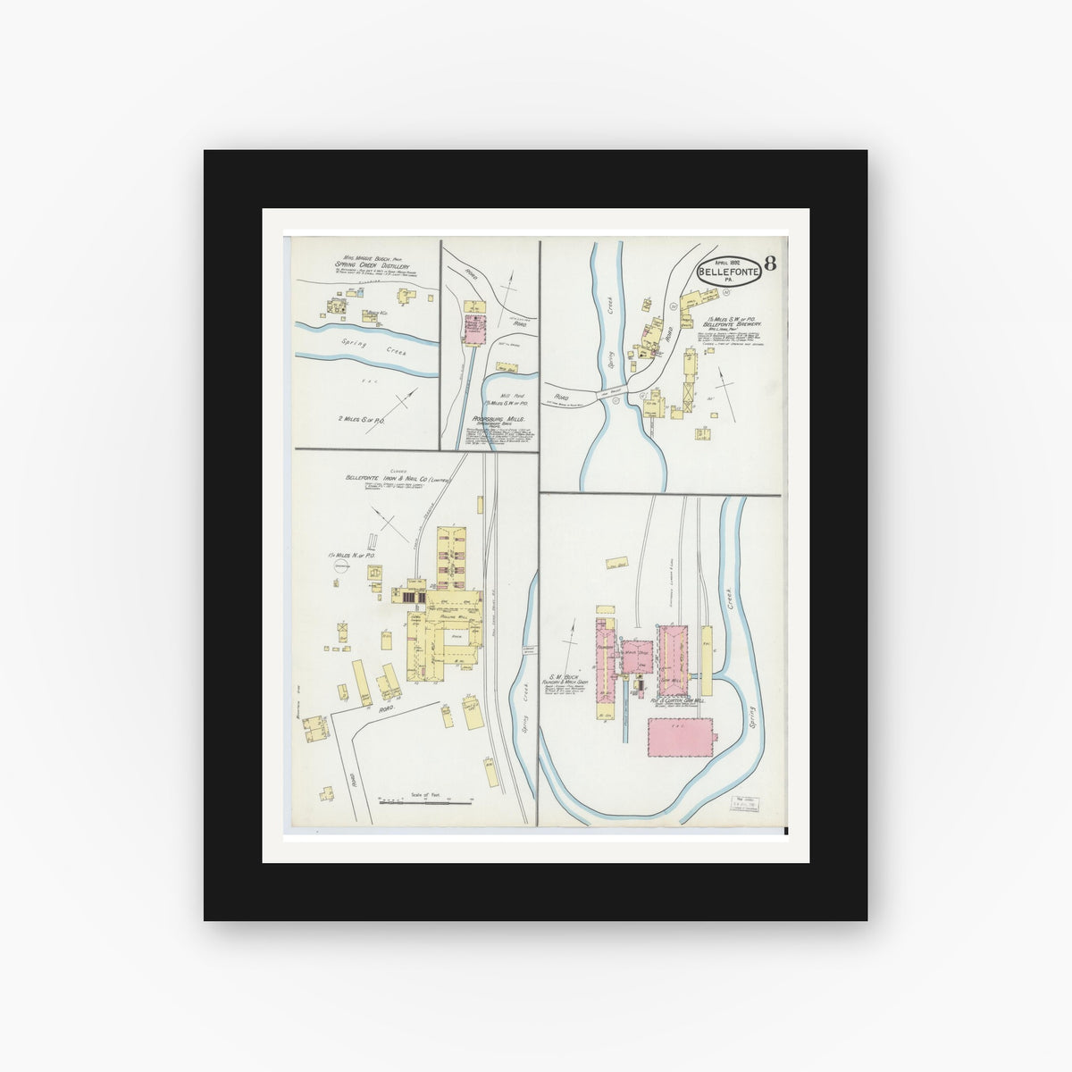 Old map wall art mockup — black gallery frame with white mat — Sanborn Fire Insurance Map from Bellefonte, Centre County, Pennsylvania (1892), Sheet #0008