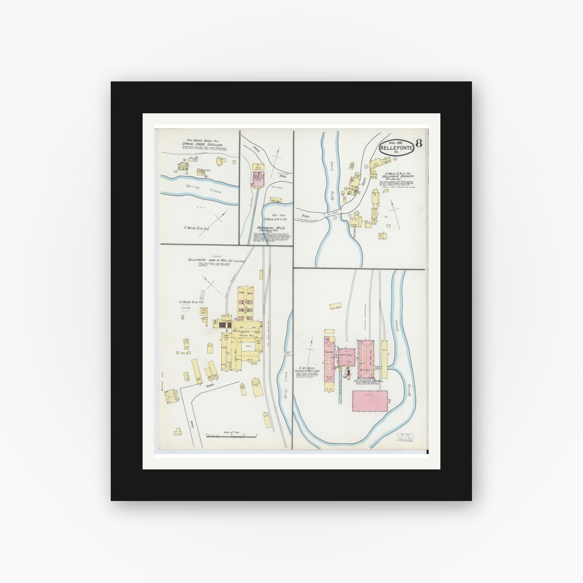 Old map wall art mockup — black gallery frame with white mat — Sanborn Fire Insurance Map from Bellefonte, Centre County, Pennsylvania (1892), Sheet #0008