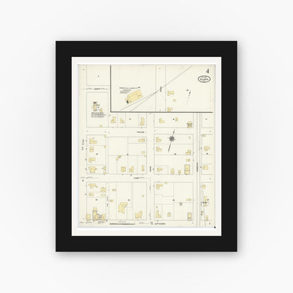 Old map wall art mockup — black gallery frame with white mat — Sanborn Fire Insurance Map from Gilmer, Upshur County, Texas (1912), Sheet #0004