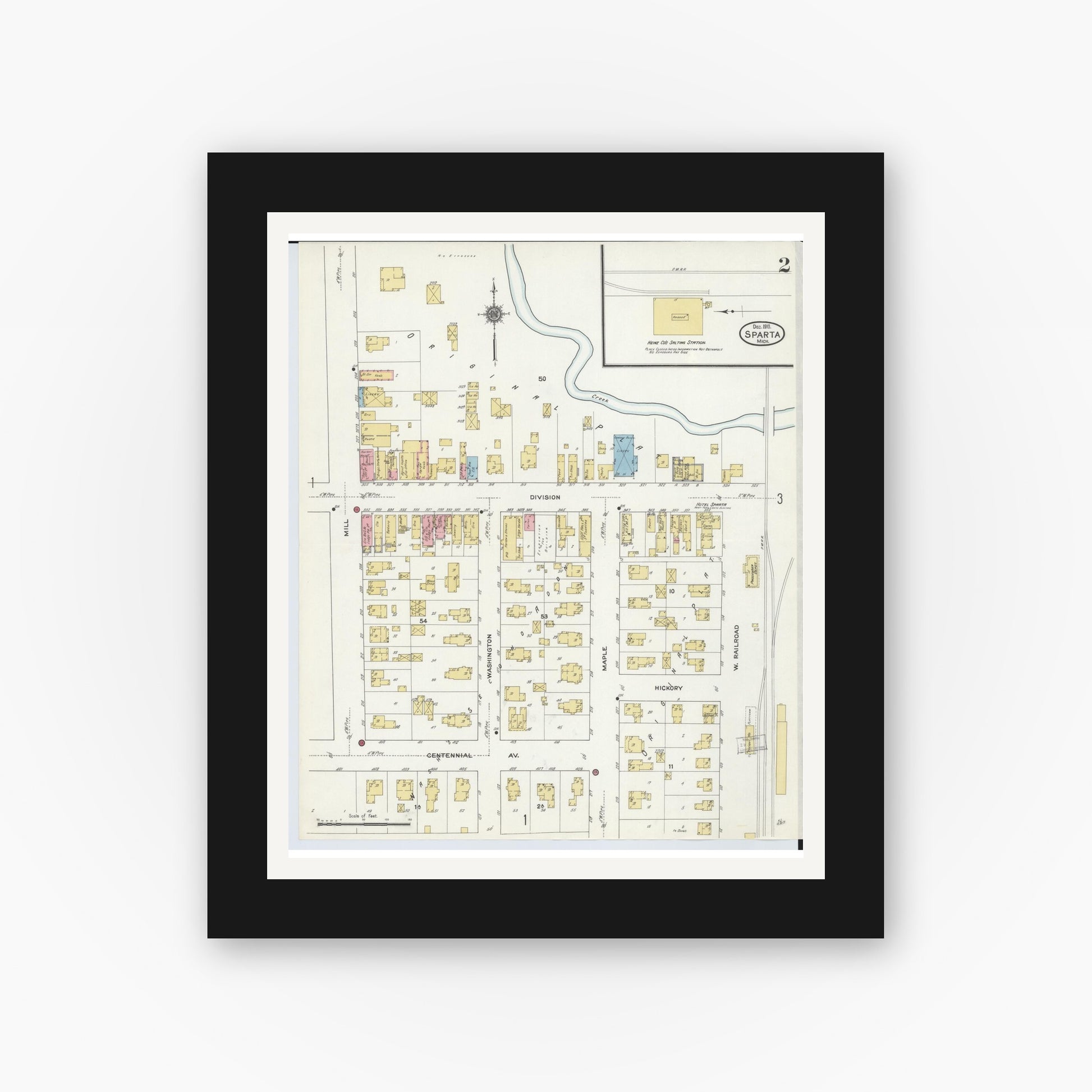 Old map wall art mockup — black gallery frame with white mat — Sanborn Fire Insurance Map from Sparta, Kent County, Michigan (1910), Sheet #0002