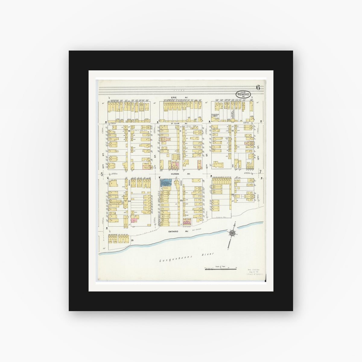 Old map wall art mockup — black gallery frame with white mat — Sanborn Fire Insurance Map from Renovo, Clinton County, Pennsylvania (1911), Sheet #0006