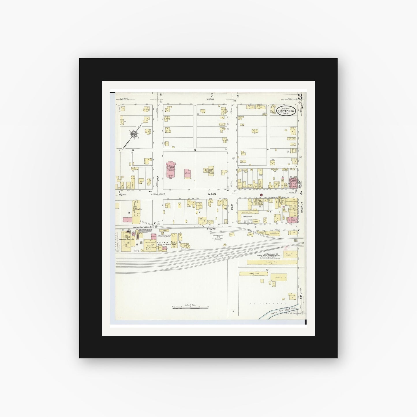 Old map wall art mockup — black gallery frame with white mat — Sanborn Fire Insurance Map from Leetonia, Columbiana County, Ohio (1910), Sheet #0003