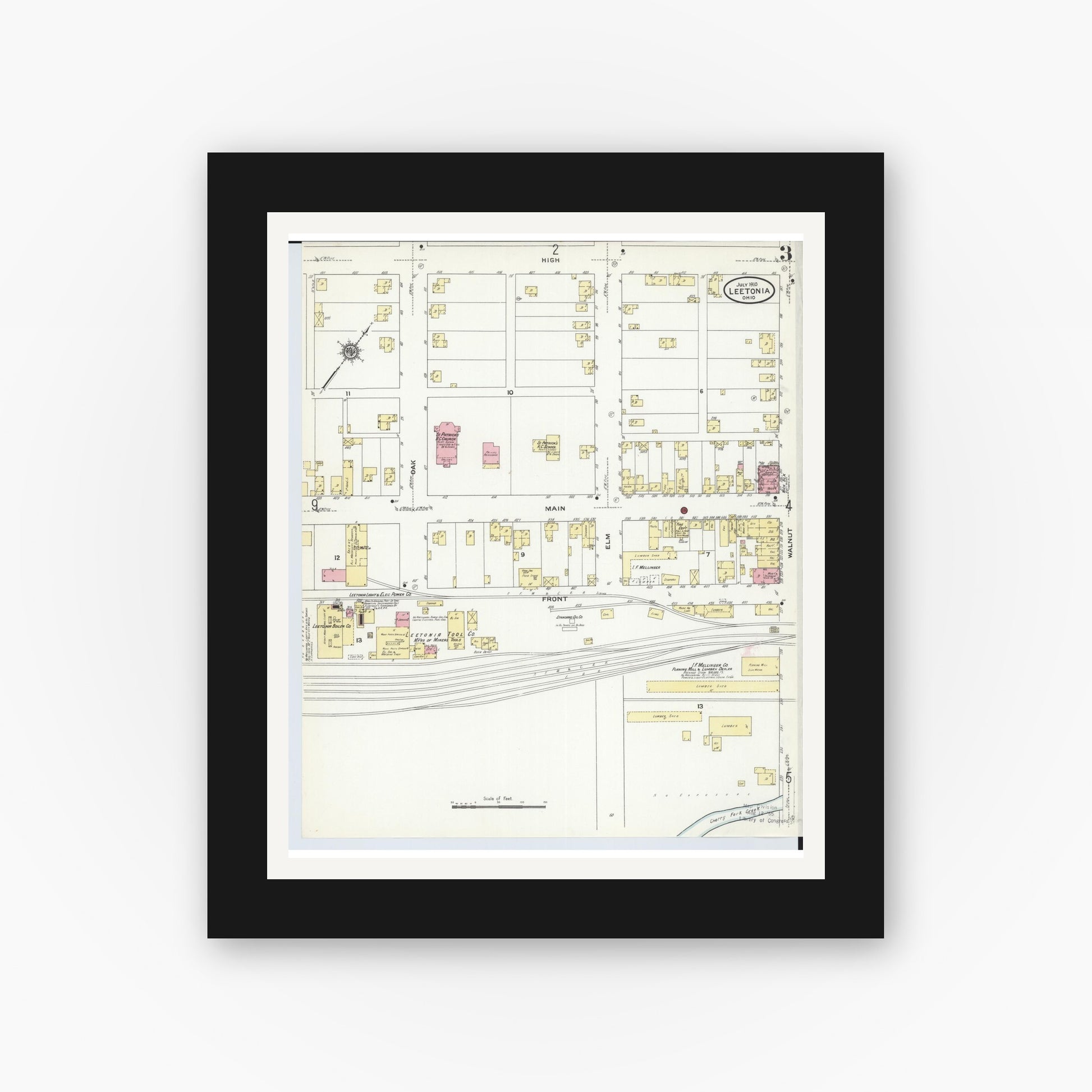 Old map wall art mockup — black gallery frame with white mat — Sanborn Fire Insurance Map from Leetonia, Columbiana County, Ohio (1910), Sheet #0003