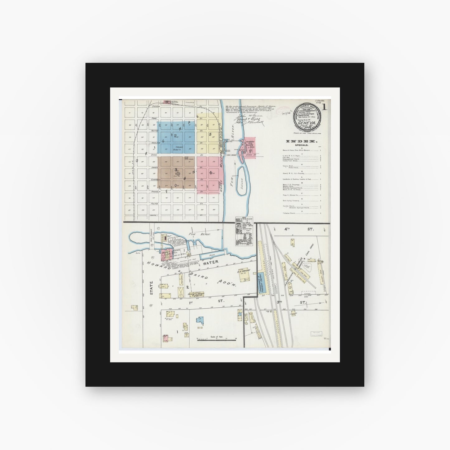 Old map wall art mockup — black gallery frame with white mat — Sanborn Fire Insurance Map from Geneva, Kane County, Illinois (1891) - Complete Map Set