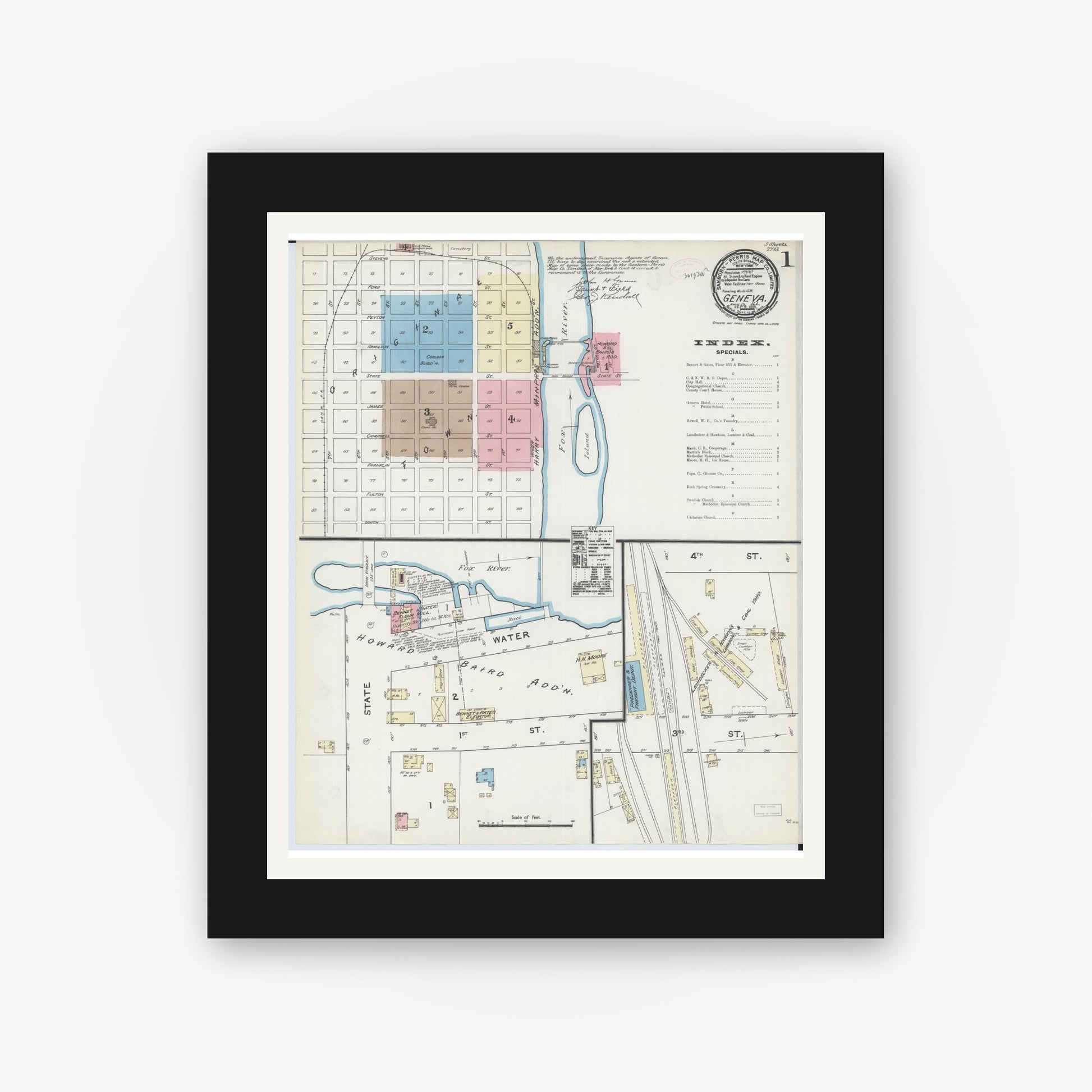 Old map wall art mockup — black gallery frame with white mat — Sanborn Fire Insurance Map from Geneva, Kane County, Illinois (1891) - Complete Map Set