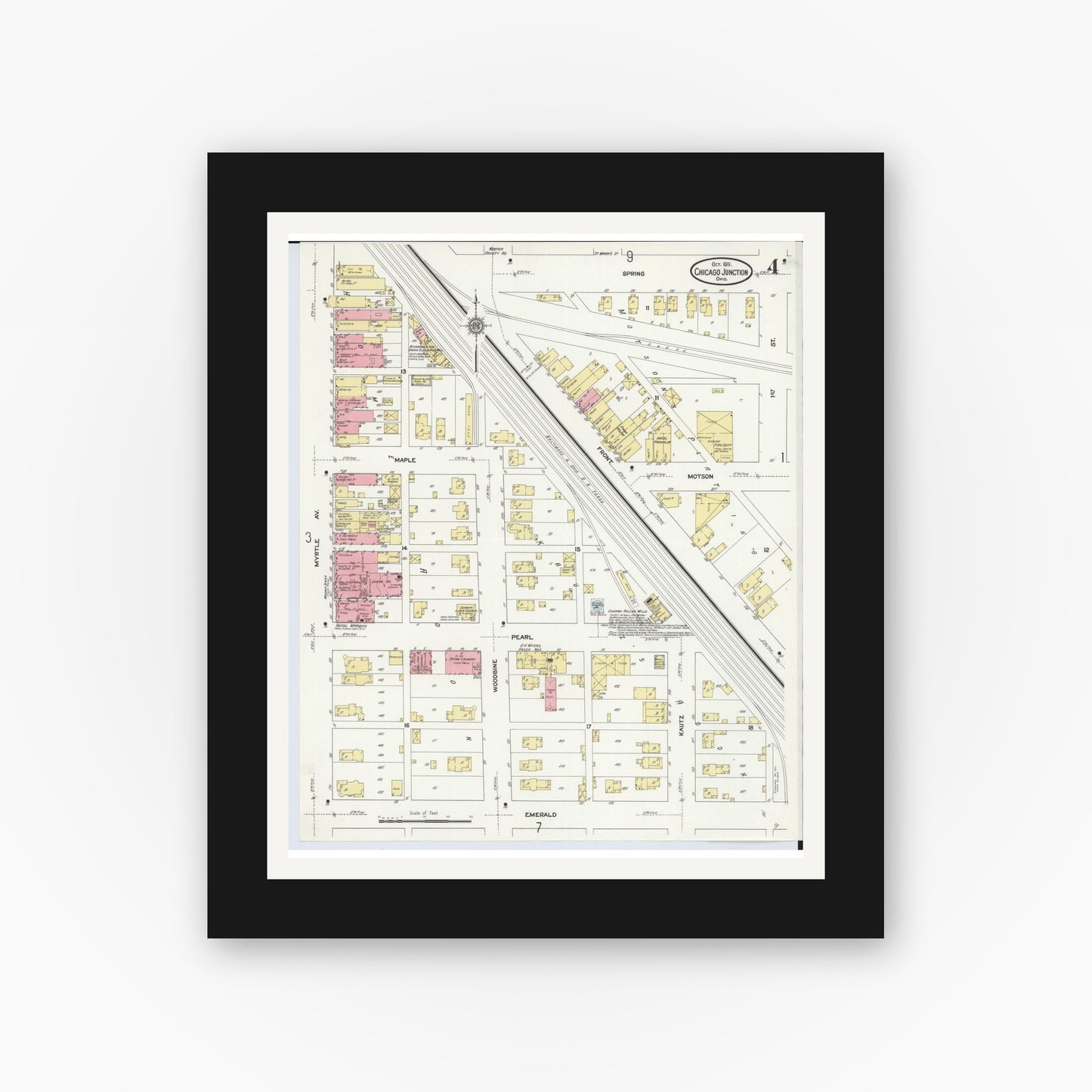 Old map wall art mockup — black gallery frame with white mat — Sanborn Fire Insurance Map from Chicago Junction, Huron County, Ohio (1911), Sheet #0004