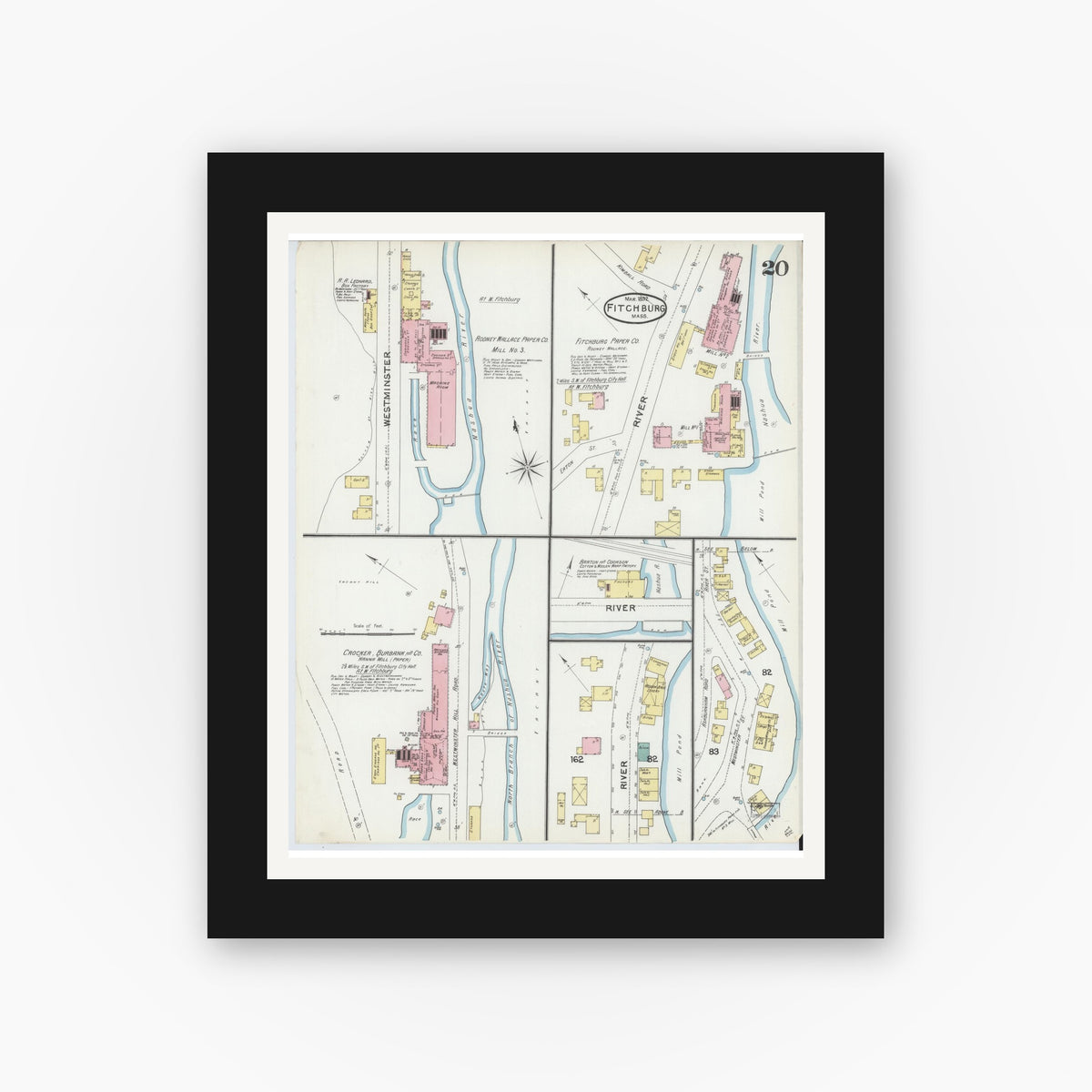 Old map wall art mockup — black gallery frame with white mat — Sanborn Fire Insurance Map from Fitchburg, Worcester County, Massachusetts (1892), Sheet #0020
